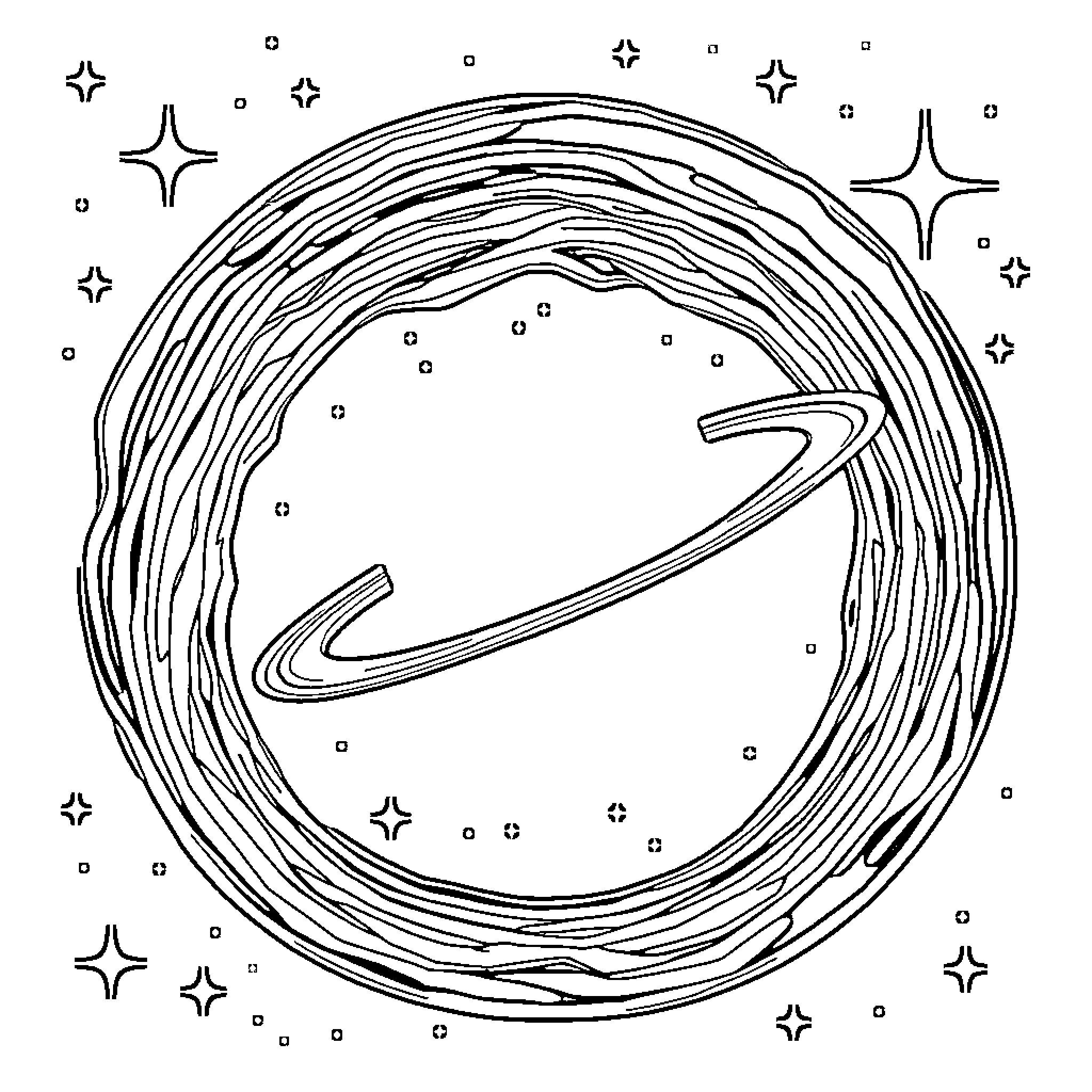 Saturn surrounded by swirling cosmic patterns Coloring Page (free black-and-white line drawing printable PDF for all, from beginners to advanced learners, including children, teens, adults, and seniors)