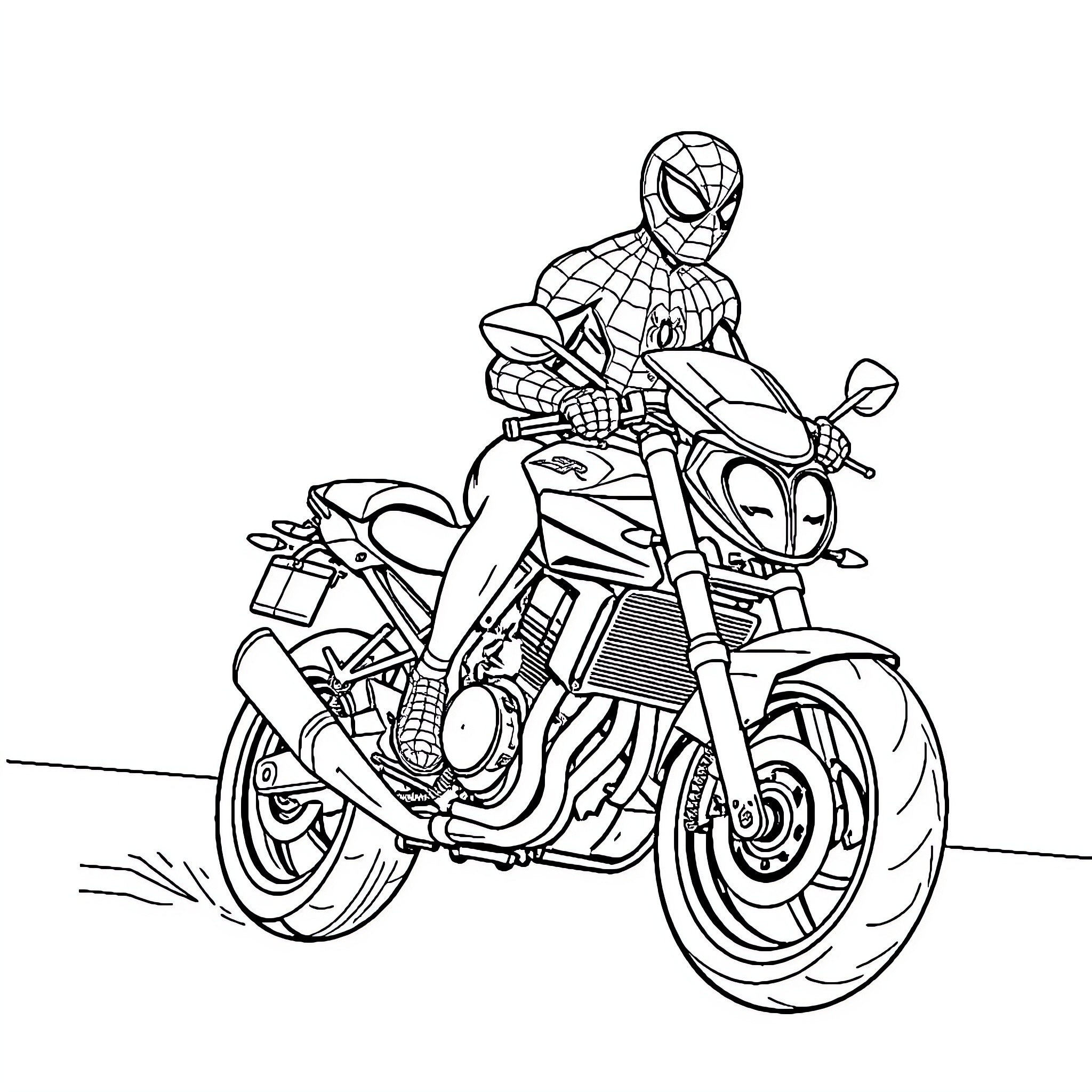 Motorcycle rider in superhero costume on the road Coloring Page (free black-and-white line drawing printable PDF for all, from beginners to advanced learners, including children, teens, adults, and seniors)