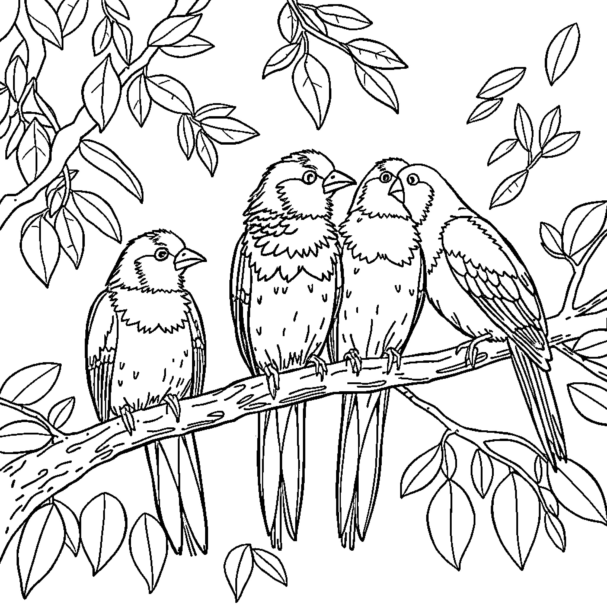 Titillating Birds Enjoying Leafy Perch Coloring Page (free black-and-white line drawing printable PDF for all, from beginners to advanced learners, including children, teens, adults, and seniors)
