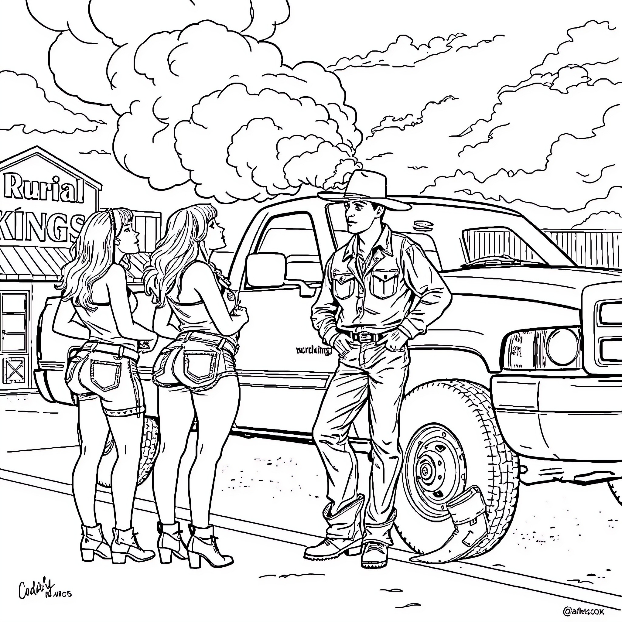 Cowboy standing with two women in western attire Coloring Page (free black-and-white line drawing printable PDF for all, from beginners to advanced learners, including children, teens, adults, and seniors)