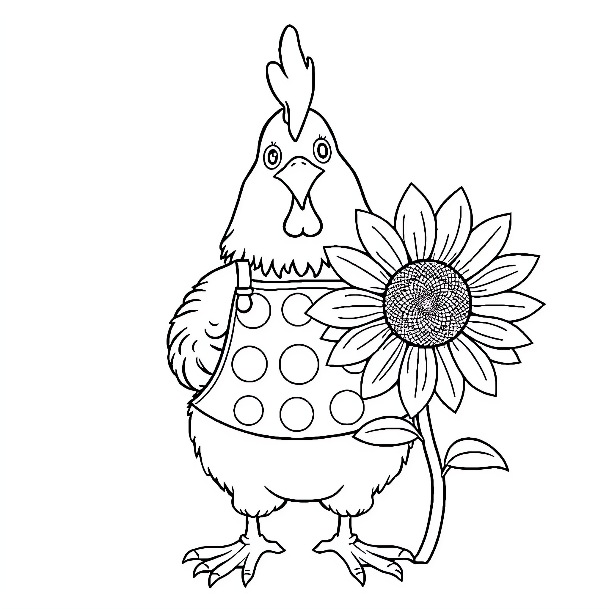 Chicken with spotted pattern and sunflower Coloring Page (free black-and-white line drawing printable PDF for all, from beginners to advanced learners, including children, teens, adults, and seniors)