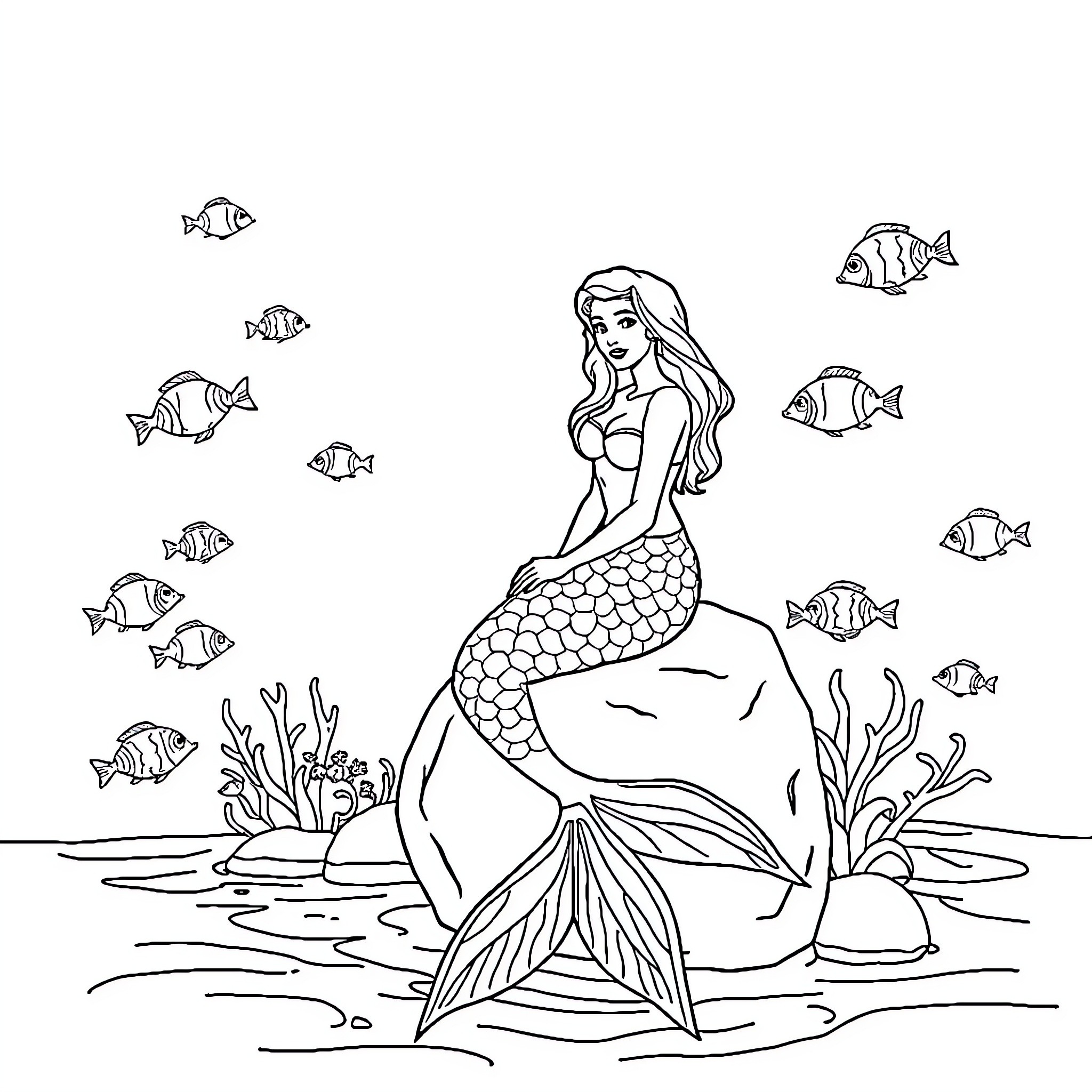 Mermaid swimming in the underwater scene Coloring Page (free black-and-white line drawing printable PDF for all, from beginners to advanced learners, including children, teens, adults, and seniors)