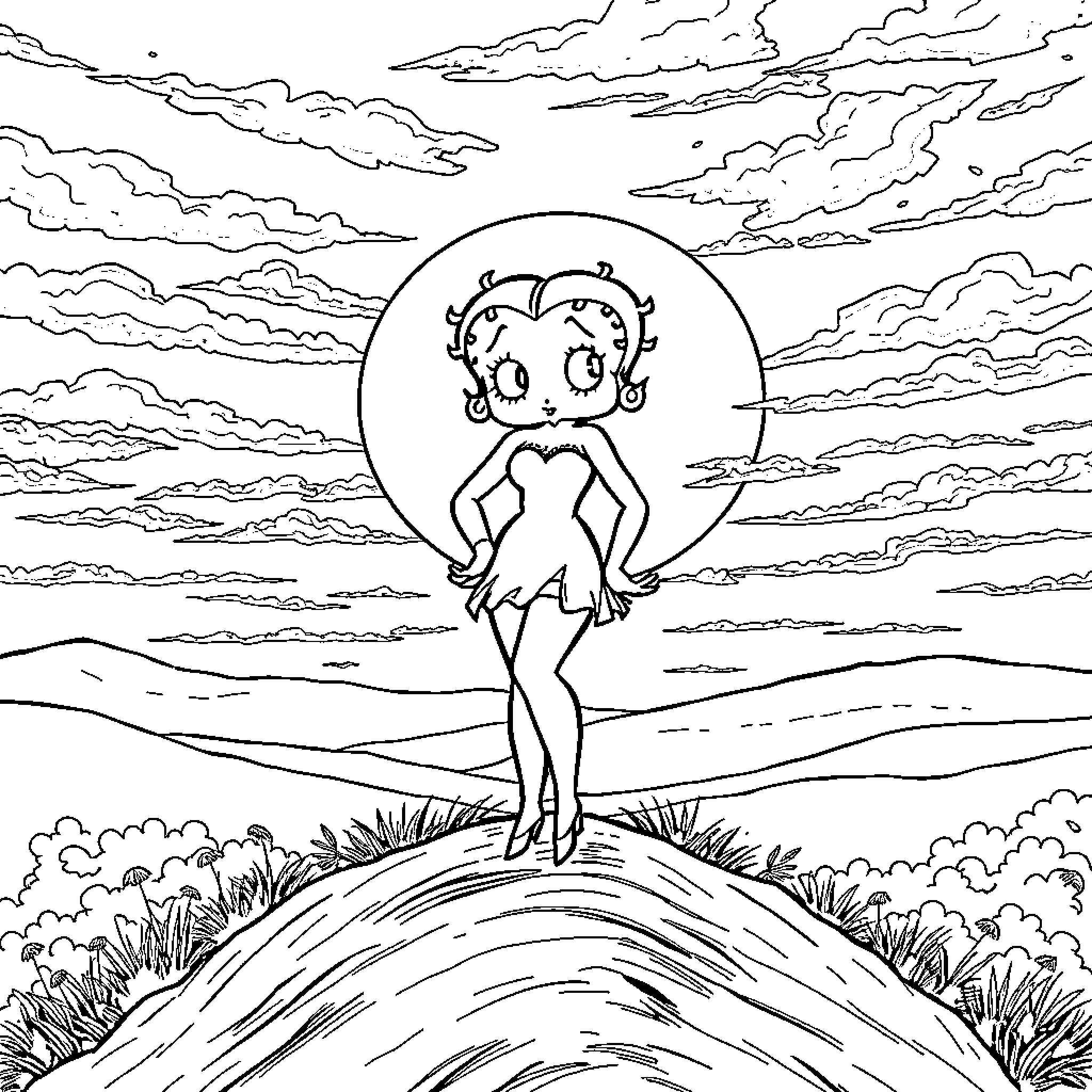 Betty Boop dancing under the moon in the countryside Coloring Page (free black-and-white line drawing printable PDF for all, from beginners to advanced learners, including children, teens, adults, and seniors)