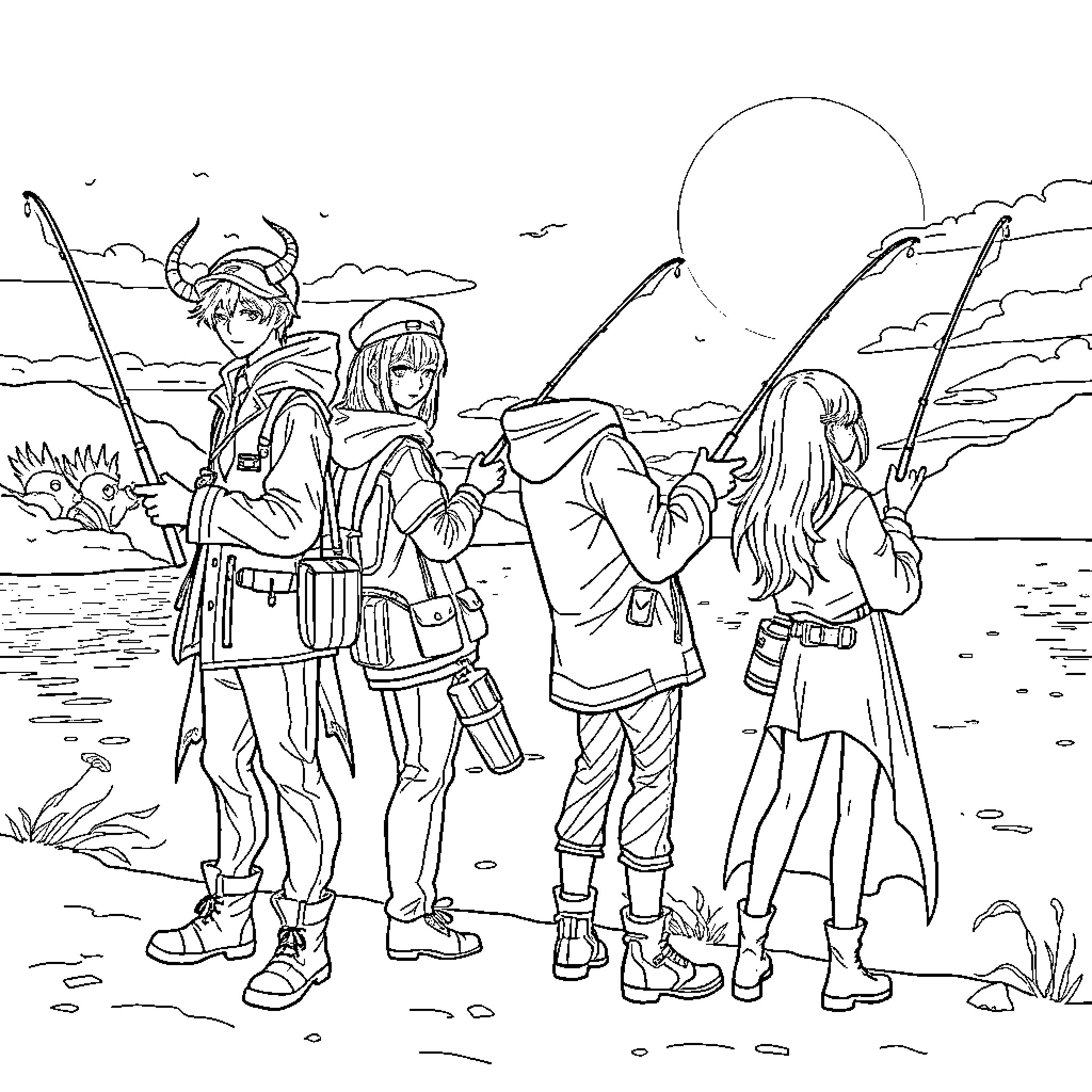 Demon Hunter Group on an Adventure Coloring Page (free black-and-white line drawing printable PDF for all, from beginners to advanced learners, including children, teens, adults, and seniors)