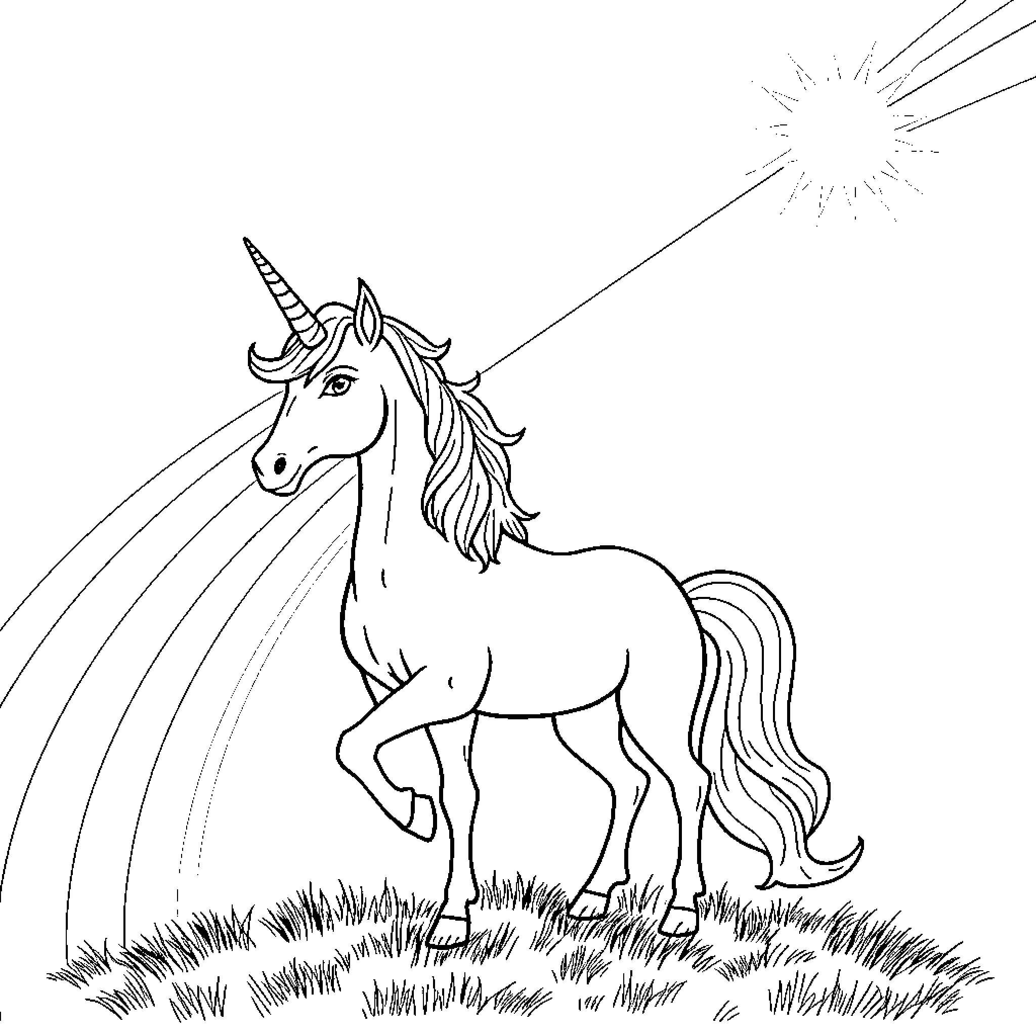 Unicorn galloping under a shining star Coloring Page (free black-and-white line drawing printable PDF for all, from beginners to advanced learners, including children, teens, adults, and seniors)