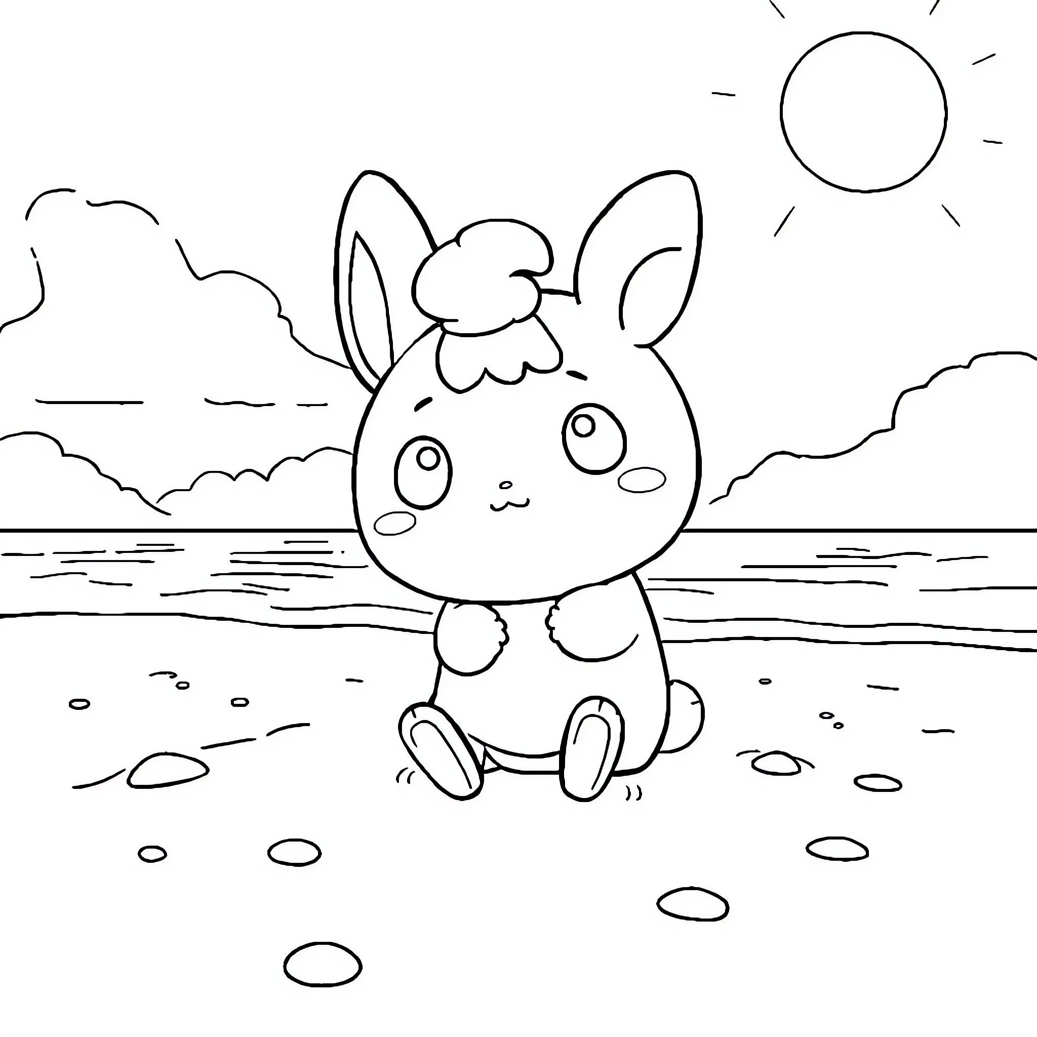 Cinnamoroll enjoying the beach scenery Coloring Page (free black-and-white line drawing printable PDF for all, from beginners to advanced learners, including children, teens, adults, and seniors)