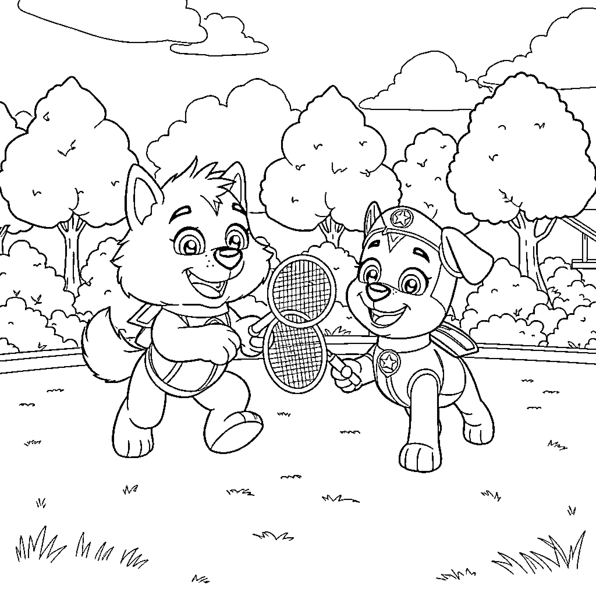 Paw Patrol pups playing tennis in the park Coloring Page (free black-and-white line drawing printable PDF for all, from beginners to advanced learners, including children, teens, adults, and seniors)