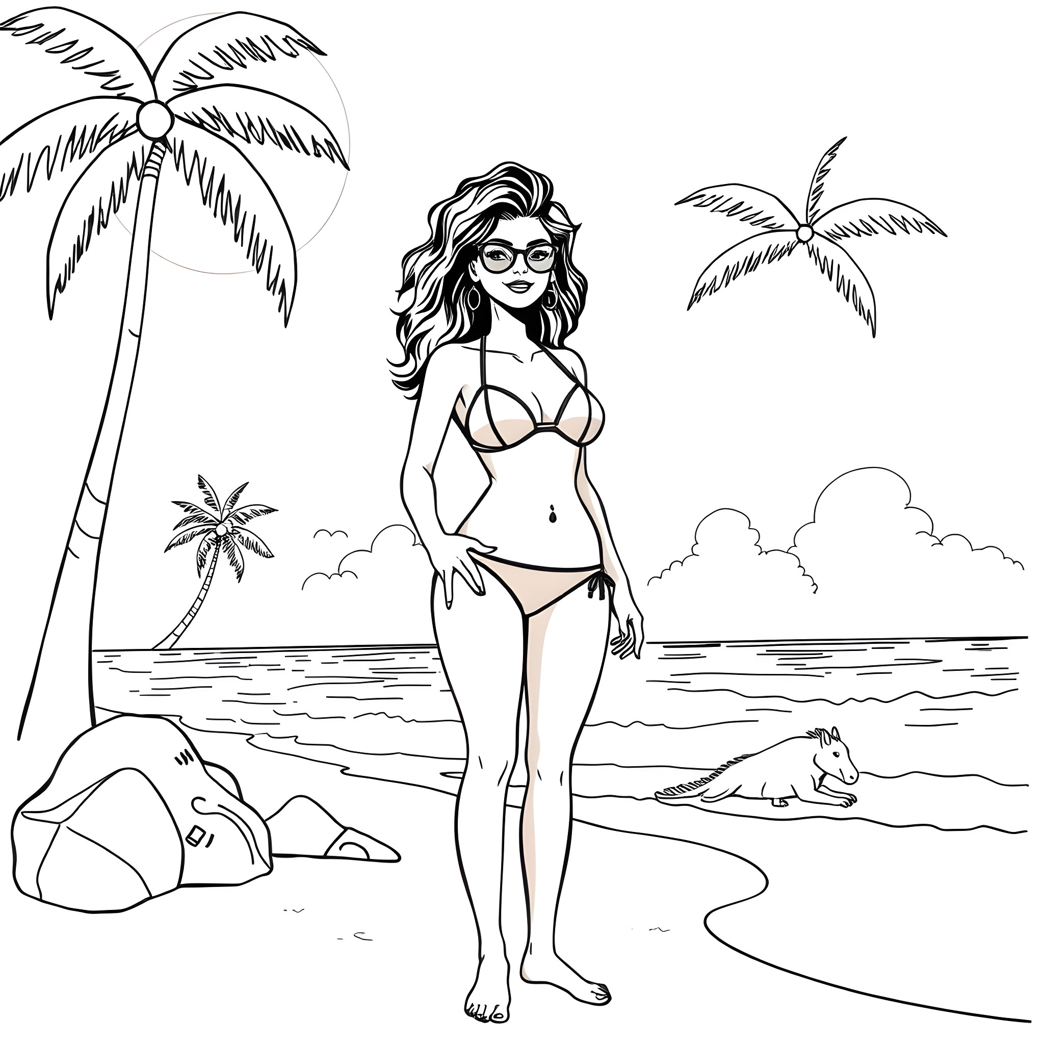 Lady enjoying the sun and beach with a unicorn Coloring Page (free black-and-white line drawing printable PDF for all, from beginners to advanced learners, including children, teens, adults, and seniors)