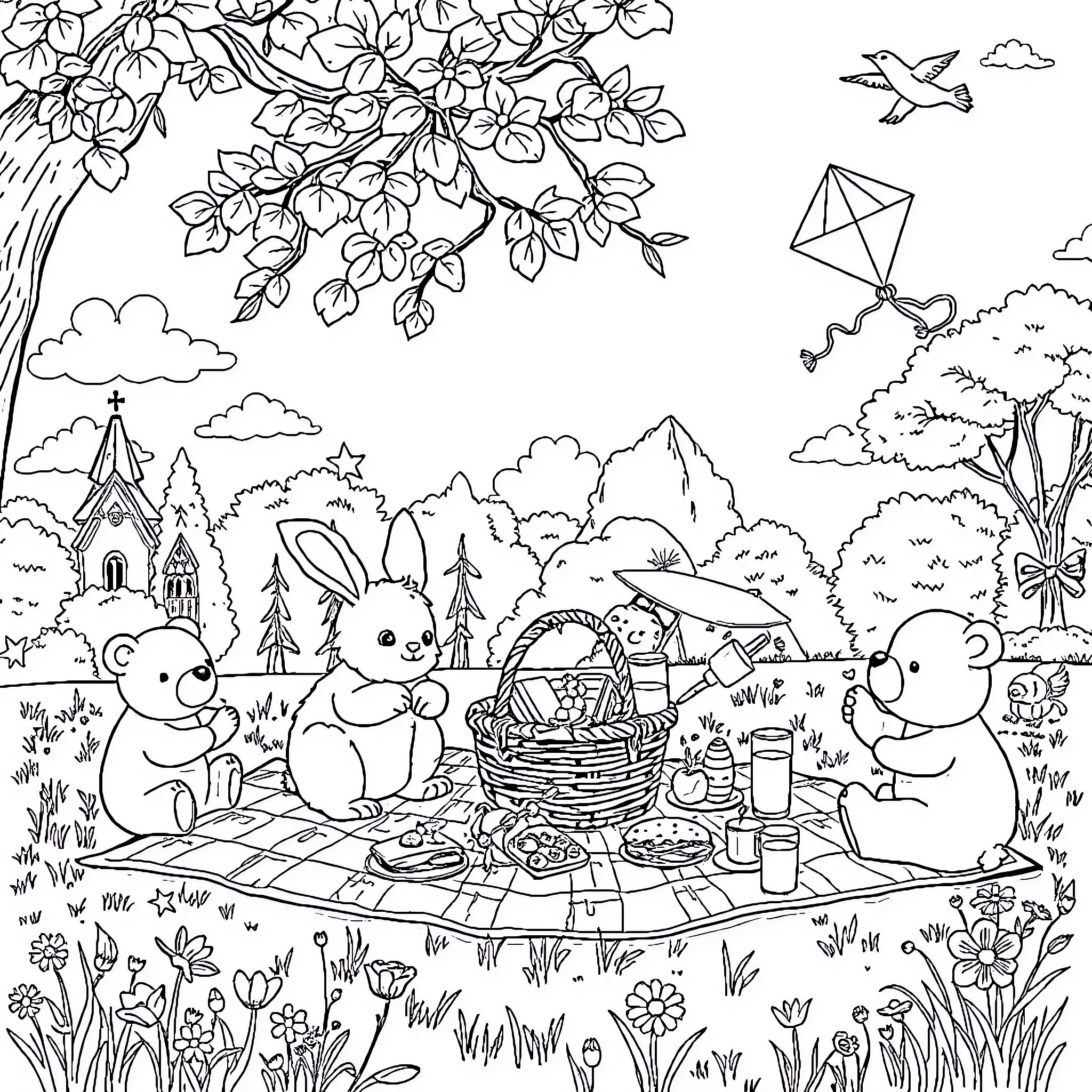 Bunny Friends Enjoying a Picnic in the Forest Coloring Page (free black-and-white line drawing printable PDF for all, from beginners to advanced learners, including children, teens, adults, and seniors)