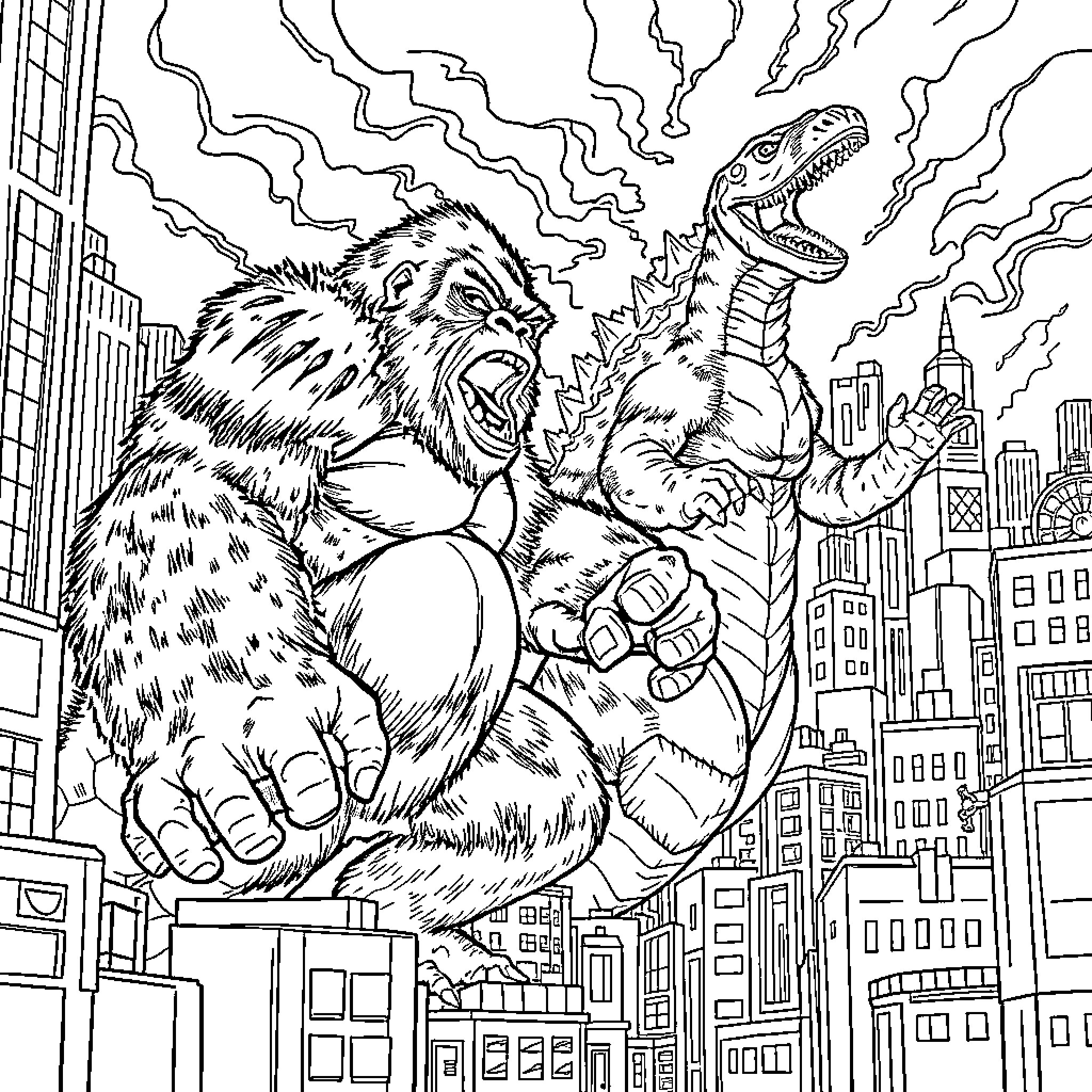 Gorilla and Dinosaur Clash in Cityscape Coloring Page (free black-and-white line drawing printable PDF for all, from beginners to advanced learners, including children, teens, adults, and seniors)