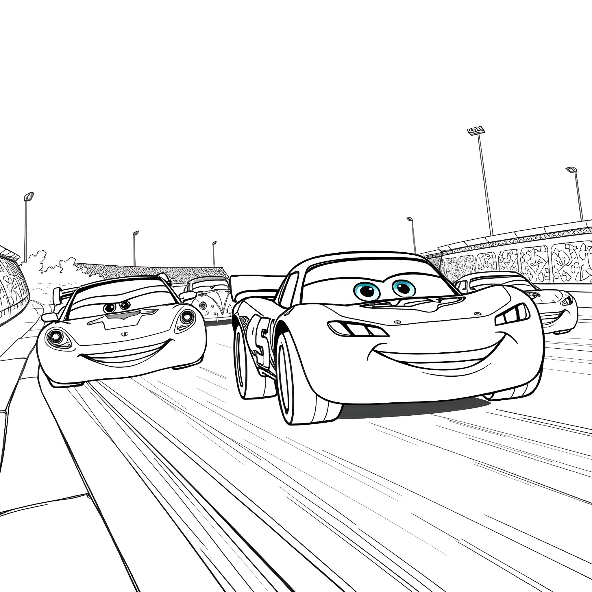 Lightning McQueen racing with friends on the track Coloring Page (free black-and-white line drawing printable PDF for all, from beginners to advanced learners, including children, teens, adults, and seniors)