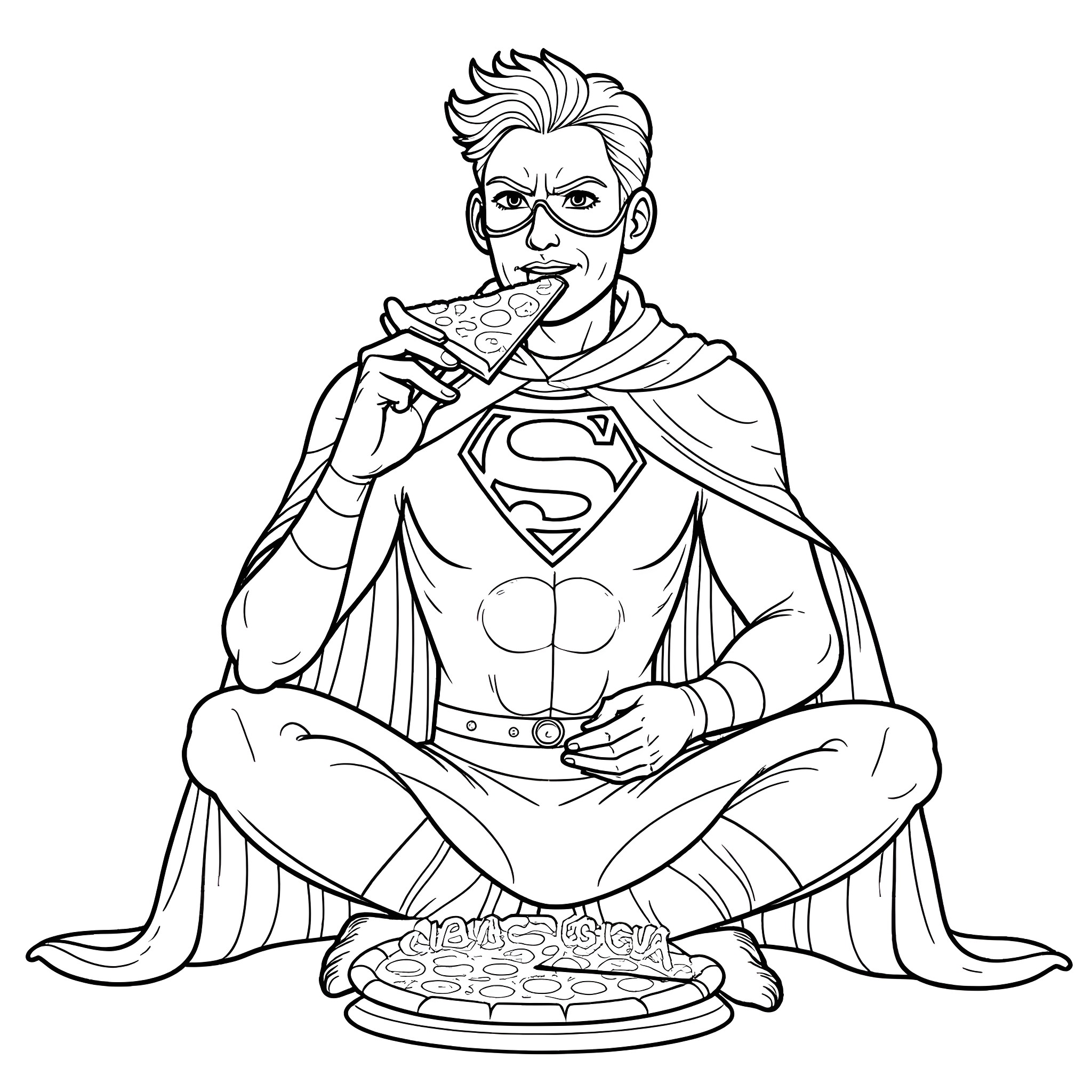 Badman super enjoying pizza meal in his costume Coloring Page (free black-and-white line drawing printable PDF for all, from beginners to advanced learners, including children, teens, adults, and seniors)