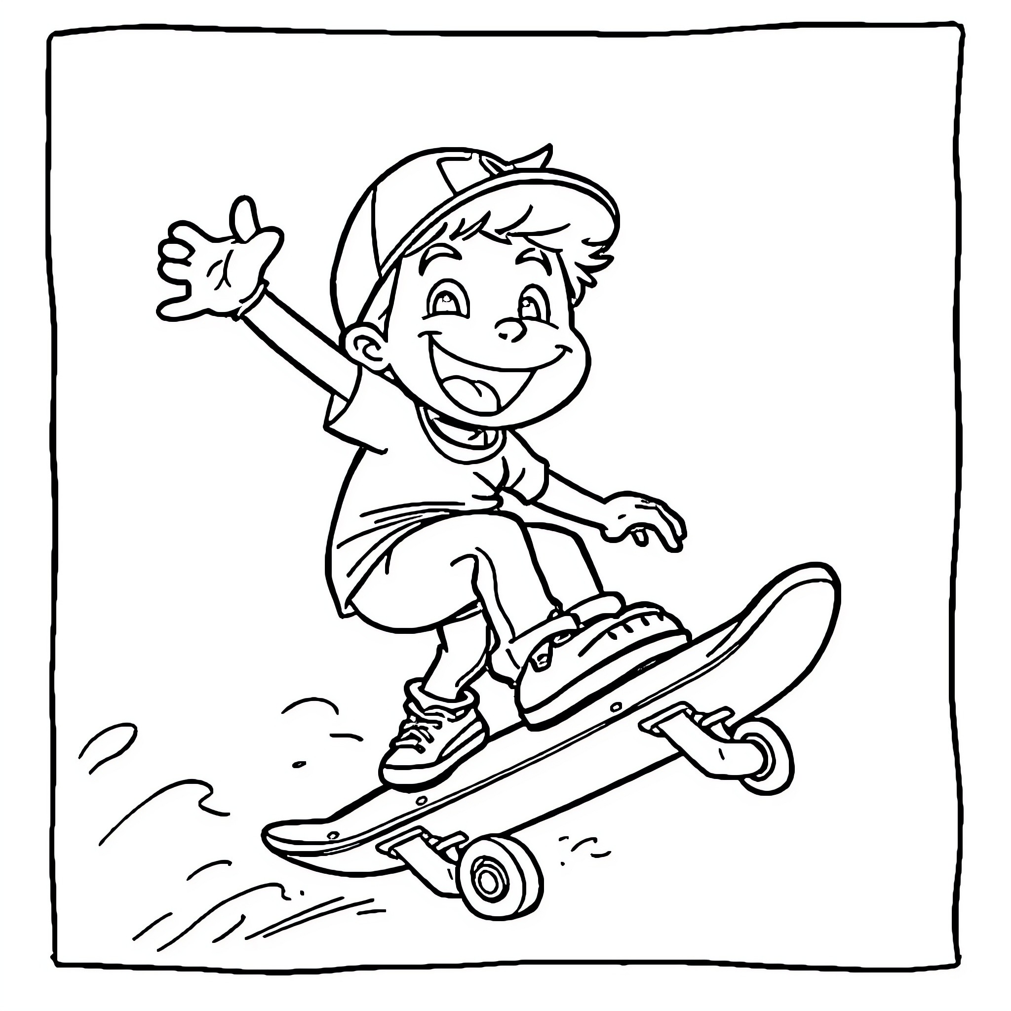 Mr. Happy Skateboarder Having Fun Coloring Page (free black-and-white line drawing printable PDF for all, from beginners to advanced learners, including children, teens, adults, and seniors)