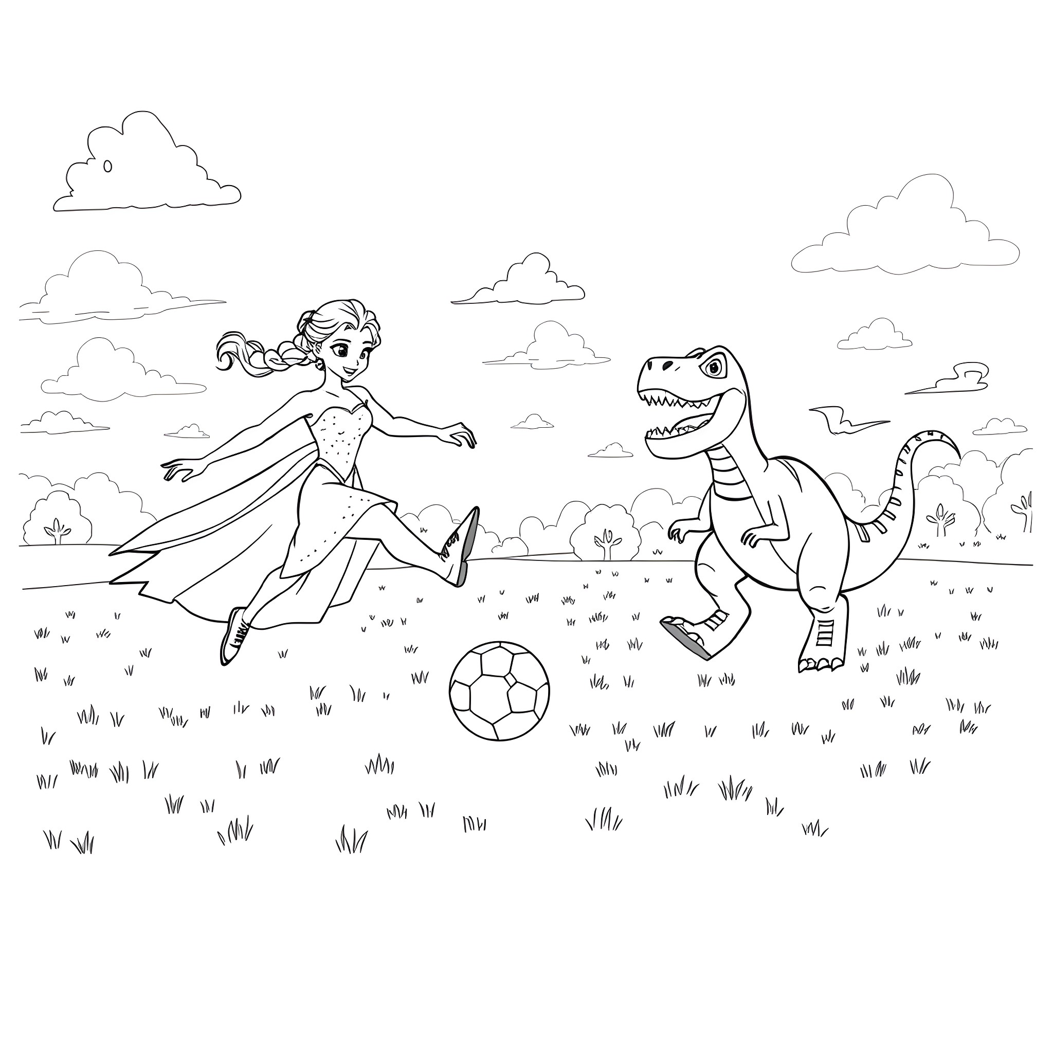 Elsa's playful dance with a friendly dinosaur Coloring Page (free black-and-white line drawing printable PDF for all, from beginners to advanced learners, including children, teens, adults, and seniors)
