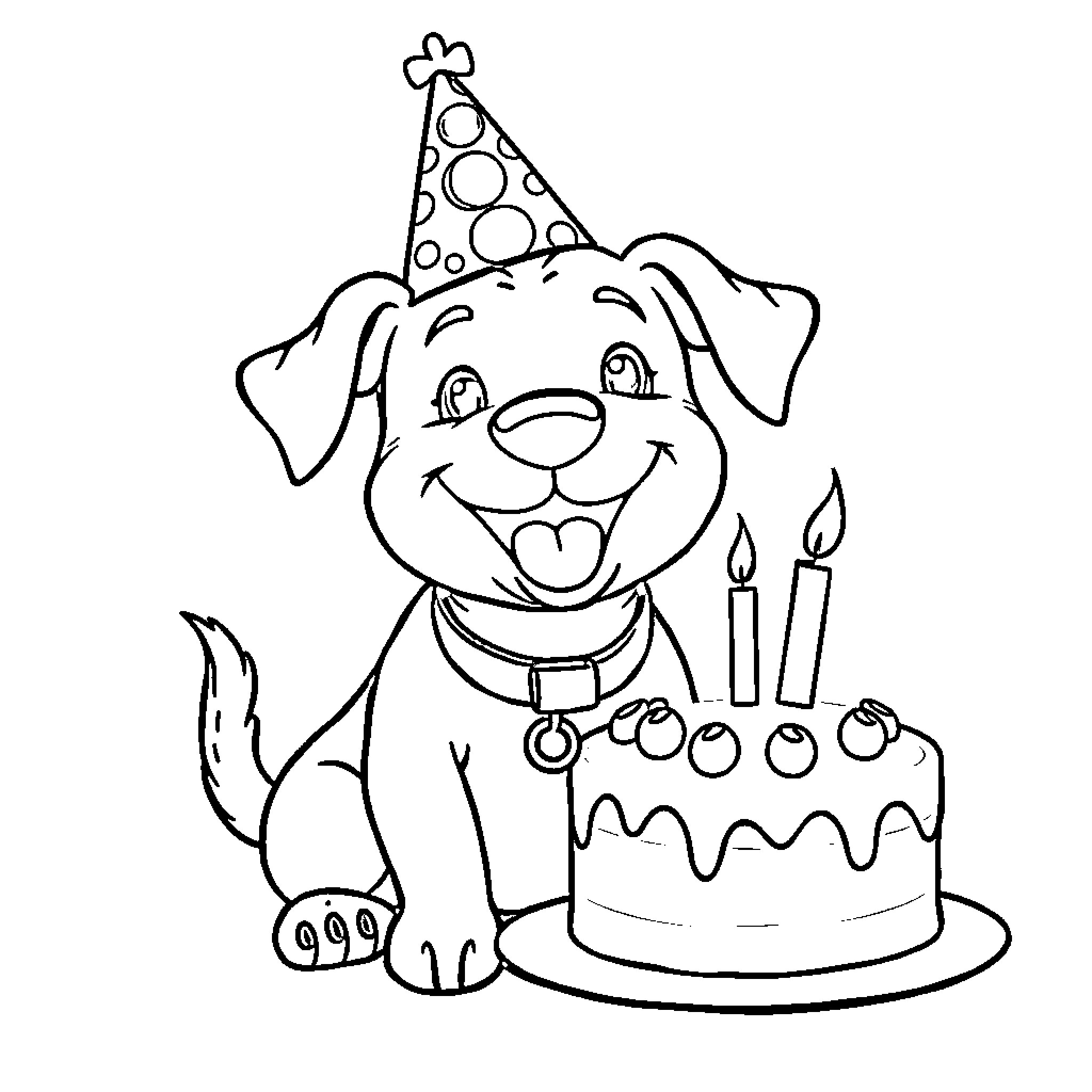 Dog celebrating birthday with cake and candles Coloring Page (free black-and-white line drawing printable PDF for all, from beginners to advanced learners, including children, teens, adults, and seniors)