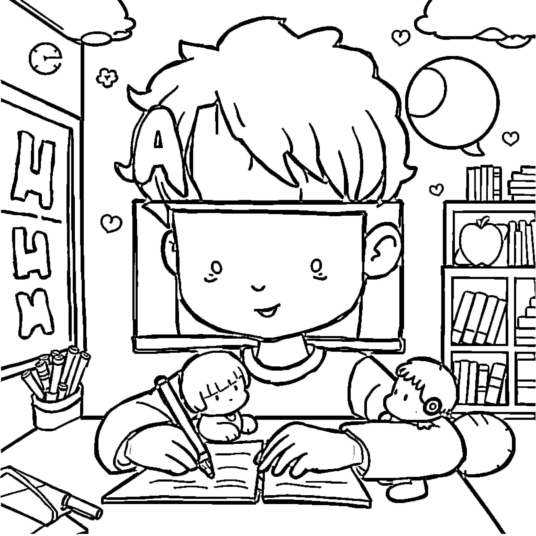Alphabet Coloring Time: Young Student at Work Coloring Page (free black-and-white line drawing printable PDF for all, from beginners to advanced learners, including children, teens, adults, and seniors)