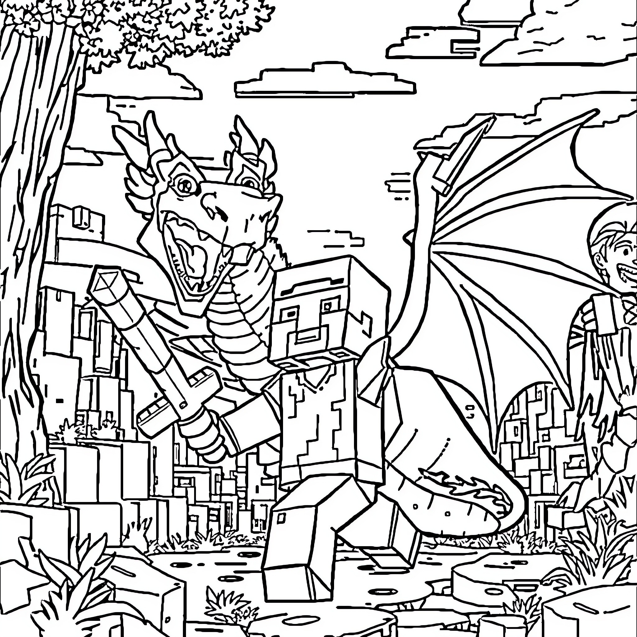 Minecraft Character Battling a Giant Dragon in the City Coloring Page (free black-and-white line drawing printable PDF for all, from beginners to advanced learners, including children, teens, adults, and seniors)