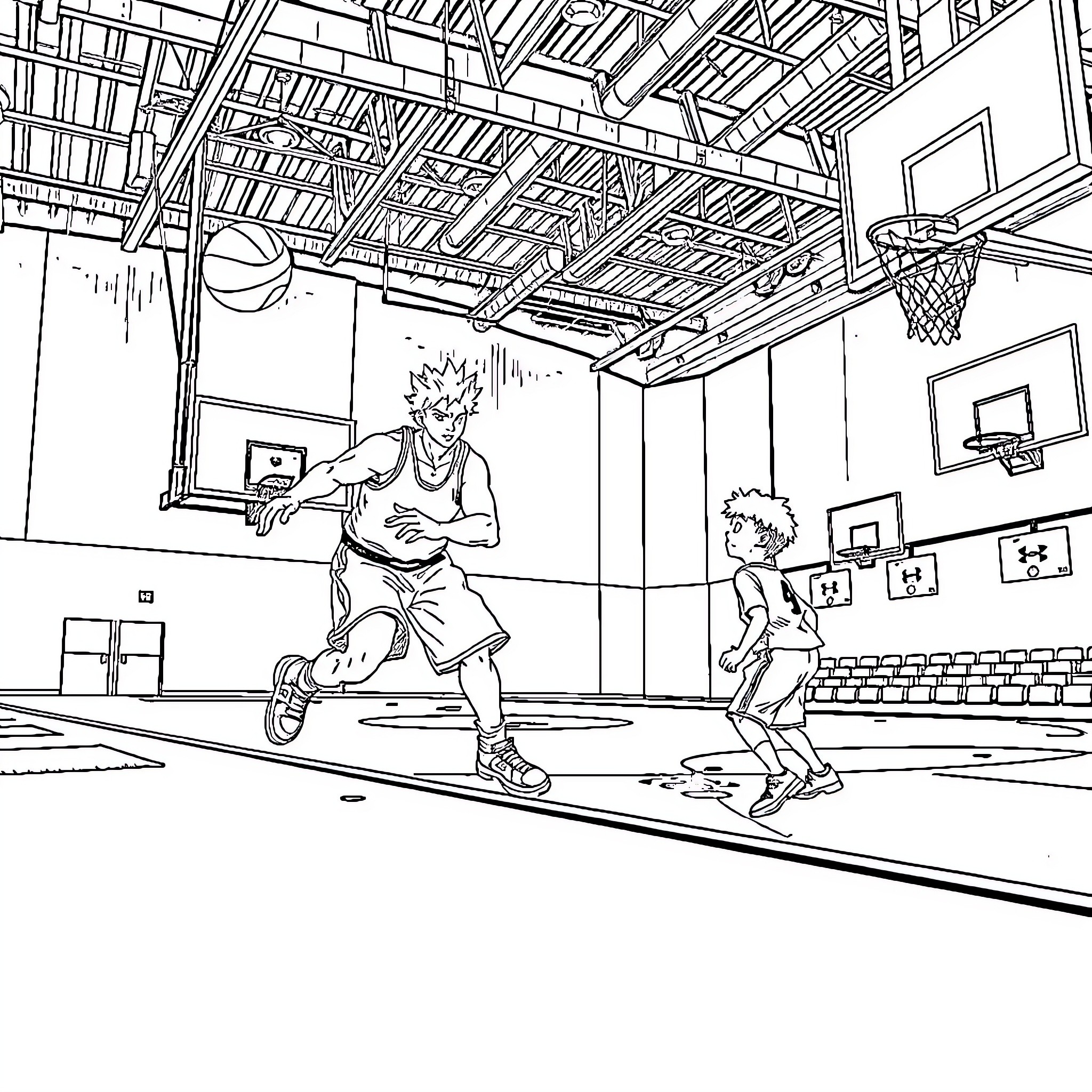 Gojo's Energetic Basketball Game Coloring Page (free black-and-white line drawing printable PDF for all, from beginners to advanced learners, including children, teens, adults, and seniors)