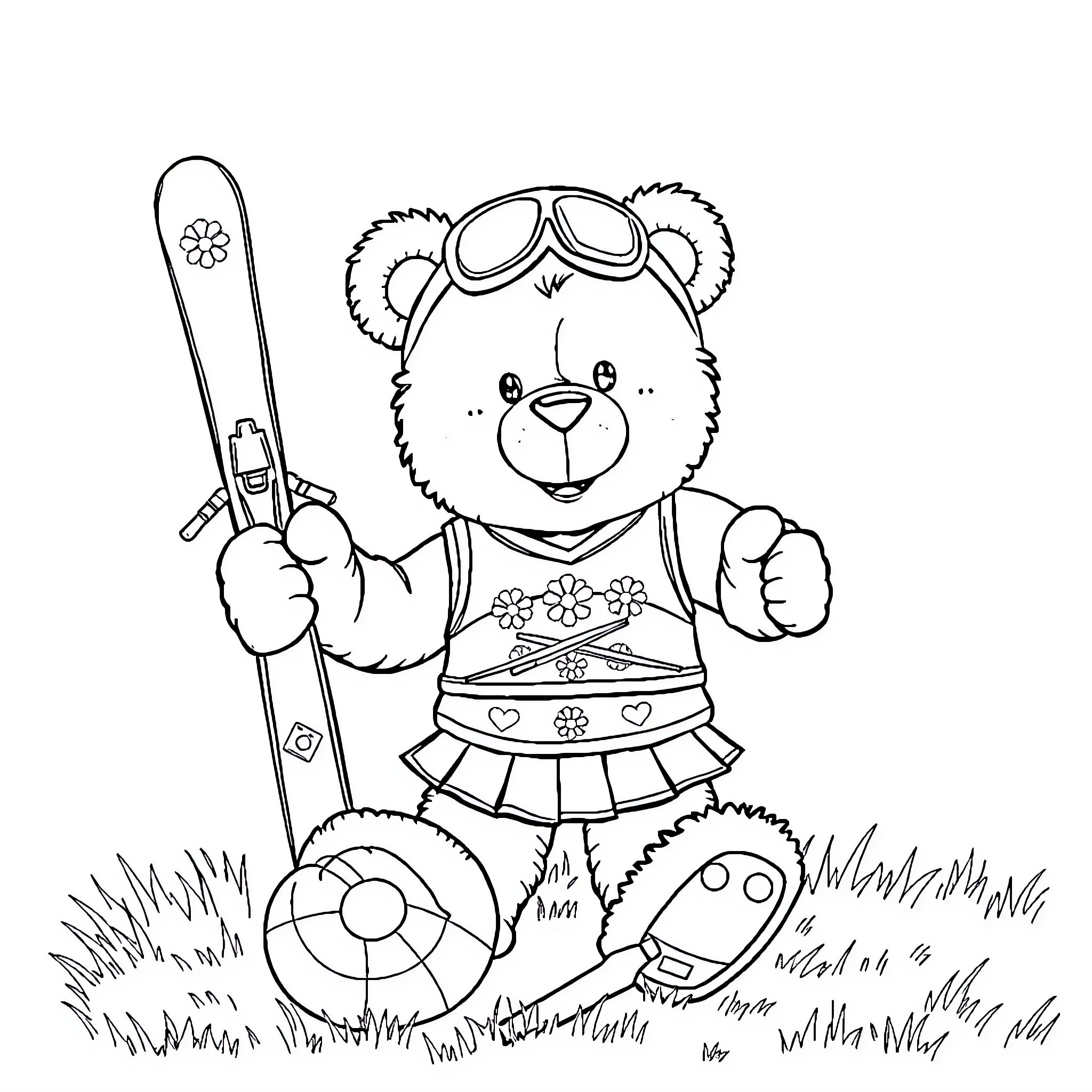 Teddy Bear Skiing with Gear and Accessories Coloring Page (free black-and-white line drawing printable PDF for all, from beginners to advanced learners, including children, teens, adults, and seniors)