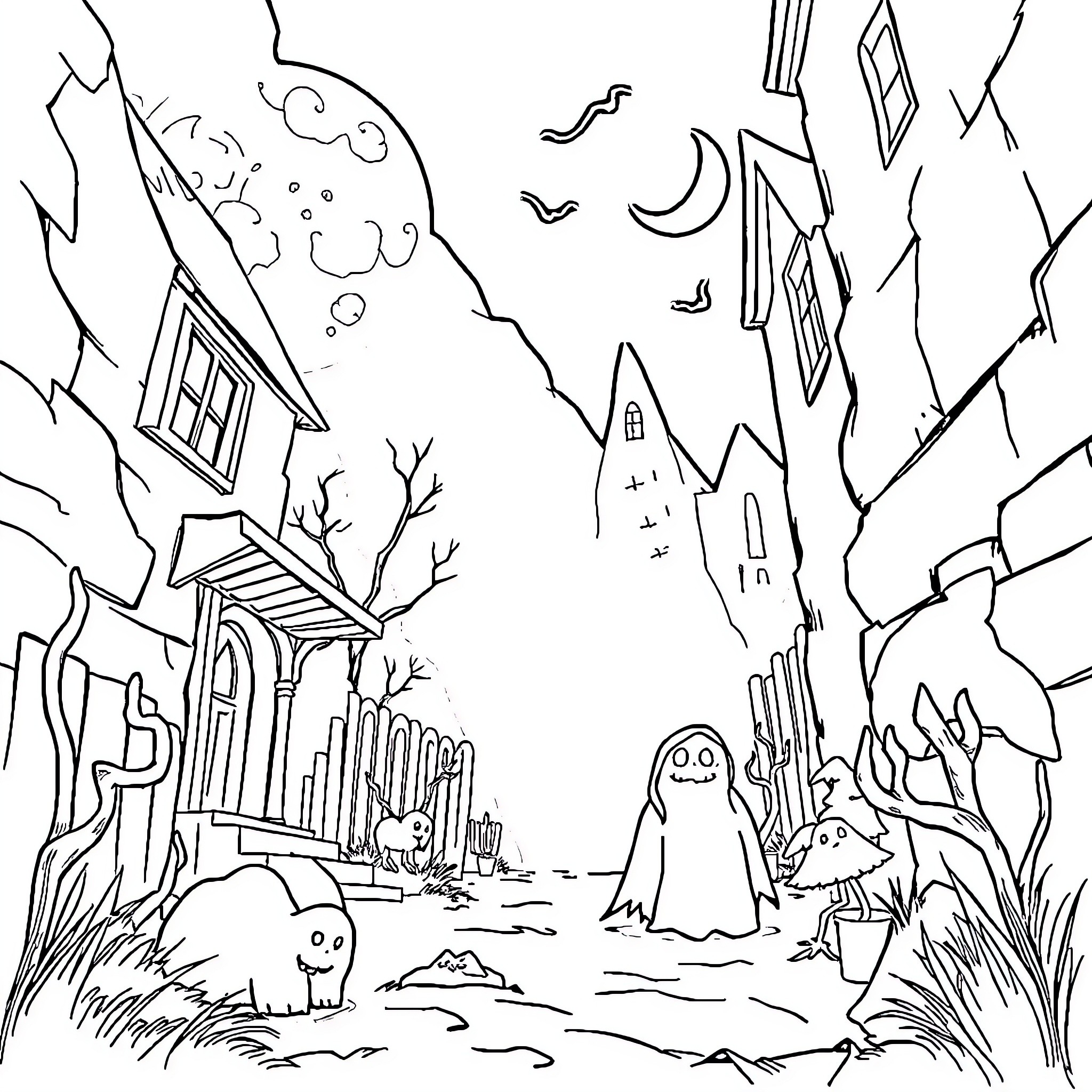 Horror Nightmarish Ghosts and Haunted Houses Landscape Coloring Page (free black-and-white line drawing printable PDF for all, from beginners to advanced learners, including children, teens, adults, and seniors)