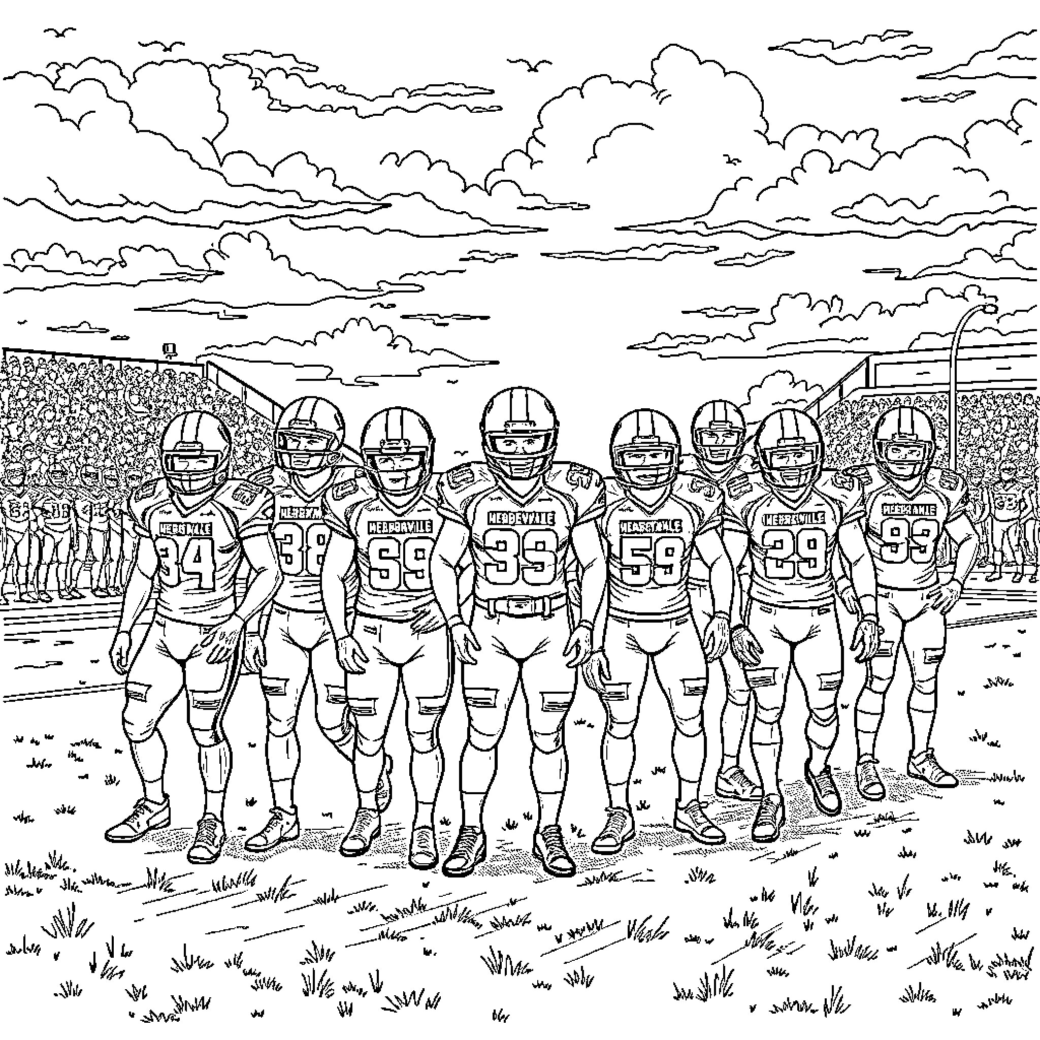 Longhorn football players gearing up for the game Coloring Page (free black-and-white line drawing printable PDF for all, from beginners to advanced learners, including children, teens, adults, and seniors)