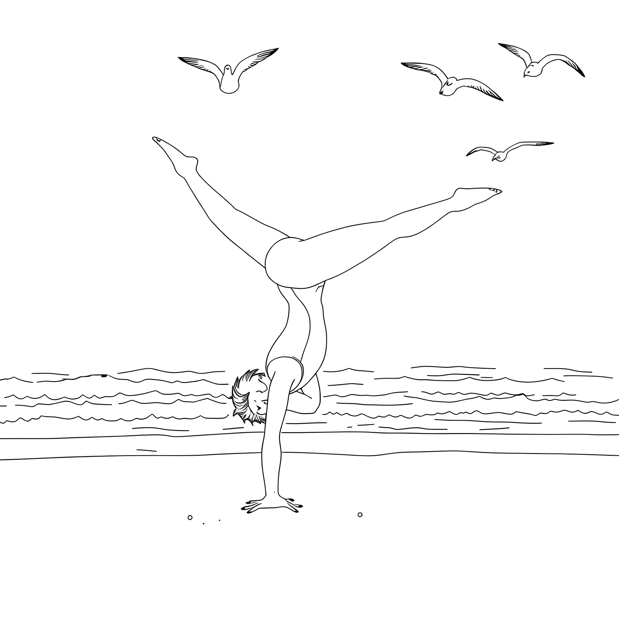 Girl performing acrobatic pose on the beach Coloring Page (free black-and-white line drawing printable PDF for all, from beginners to advanced learners, including children, teens, adults, and seniors)