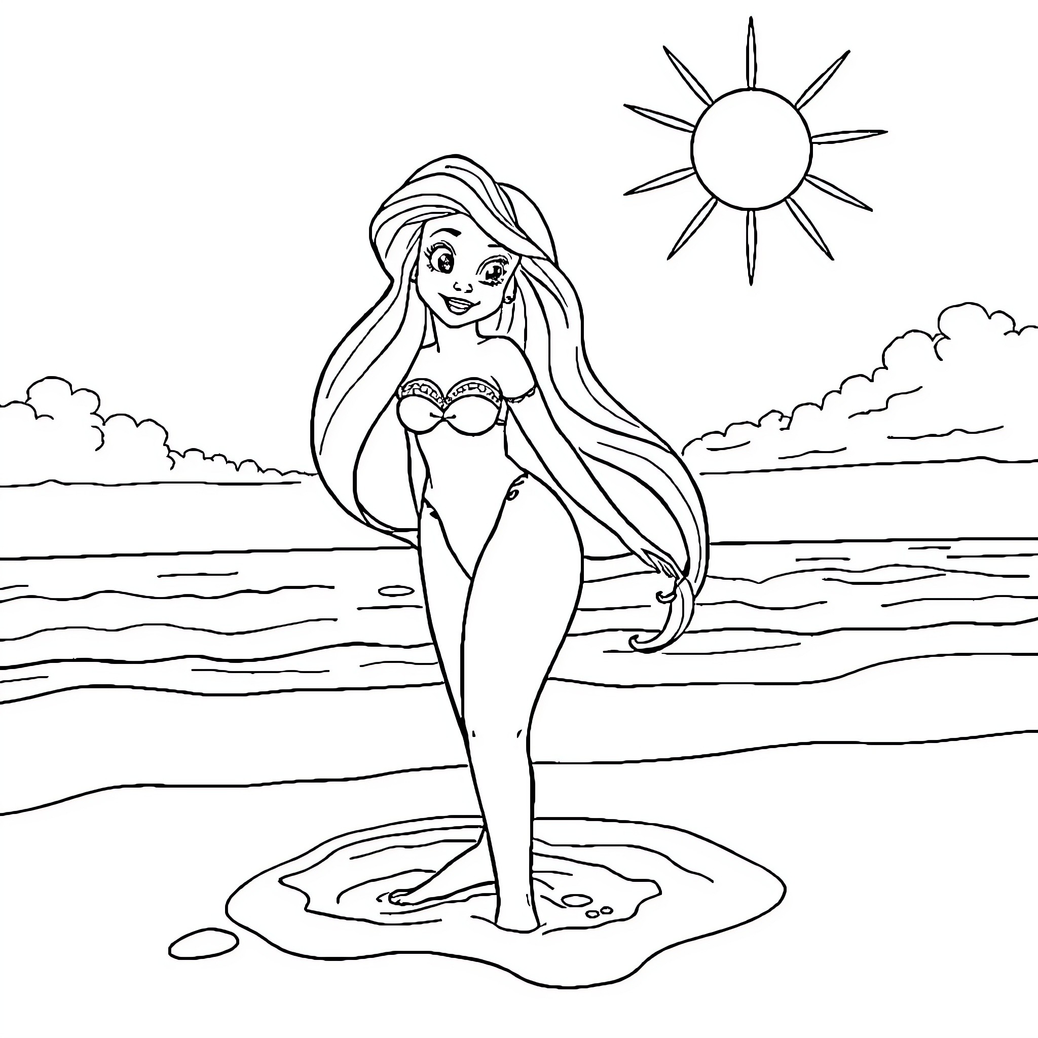 Princess Ariel enjoying a sunny day at the beach Coloring Page (free black-and-white line drawing printable PDF for all, from beginners to advanced learners, including children, teens, adults, and seniors)