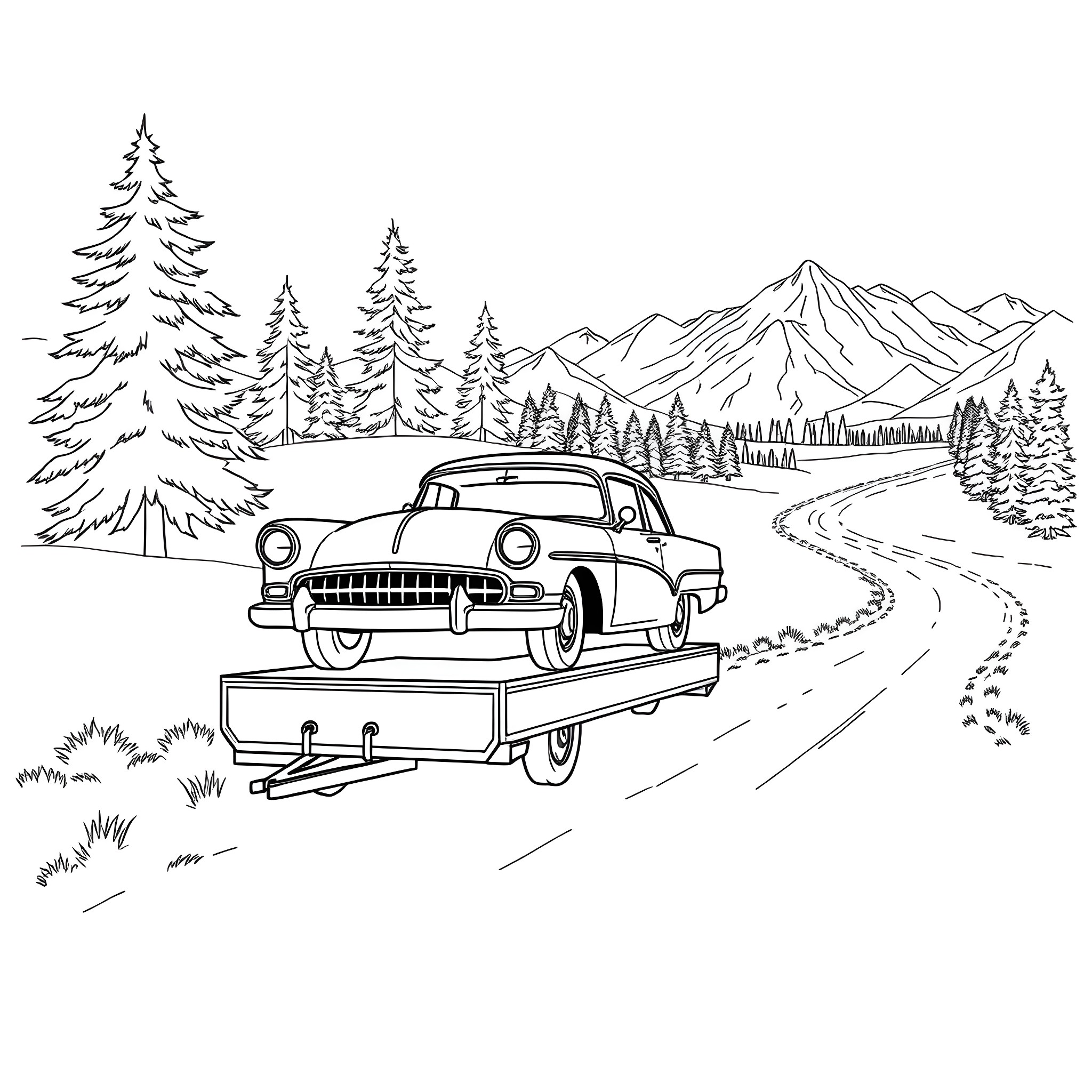 Car towing vehicle on mountain road Coloring Page (free black-and-white line drawing printable PDF for all, from beginners to advanced learners, including children, teens, adults, and seniors)
