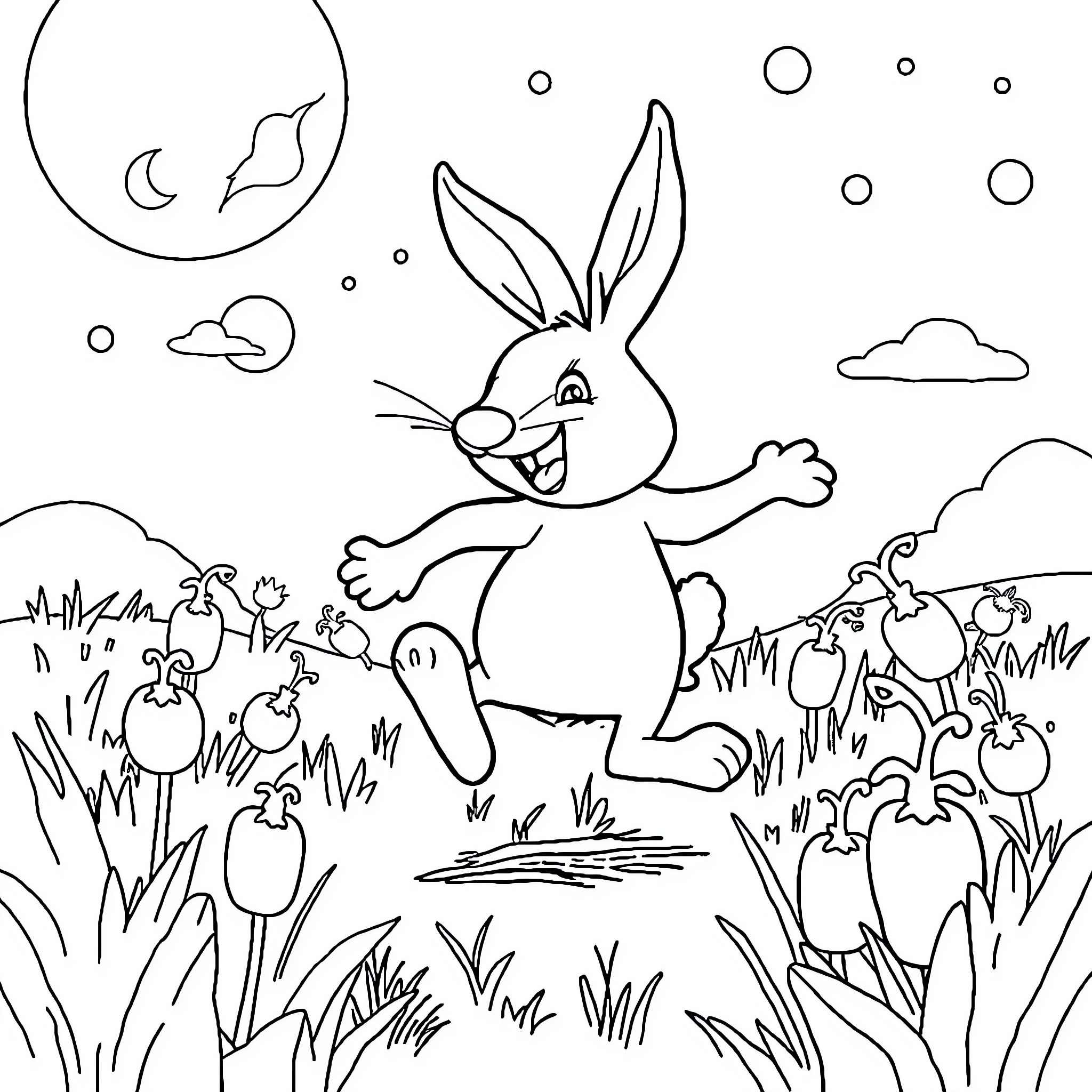 Loup Garou Rabbit Frolicking in the Meadow Coloring Page (free black-and-white line drawing printable PDF for all, from beginners to advanced learners, including children, teens, adults, and seniors)
