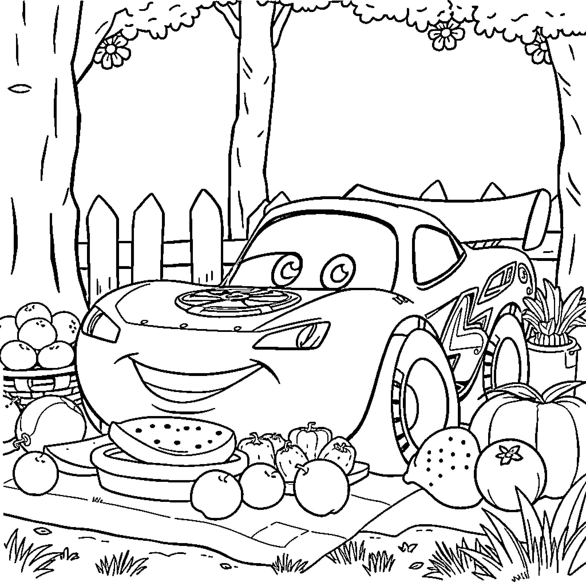 Rayo McQueen enjoys a picnic in the park Coloring Page (free black-and-white line drawing printable PDF for all, from beginners to advanced learners, including children, teens, adults, and seniors)