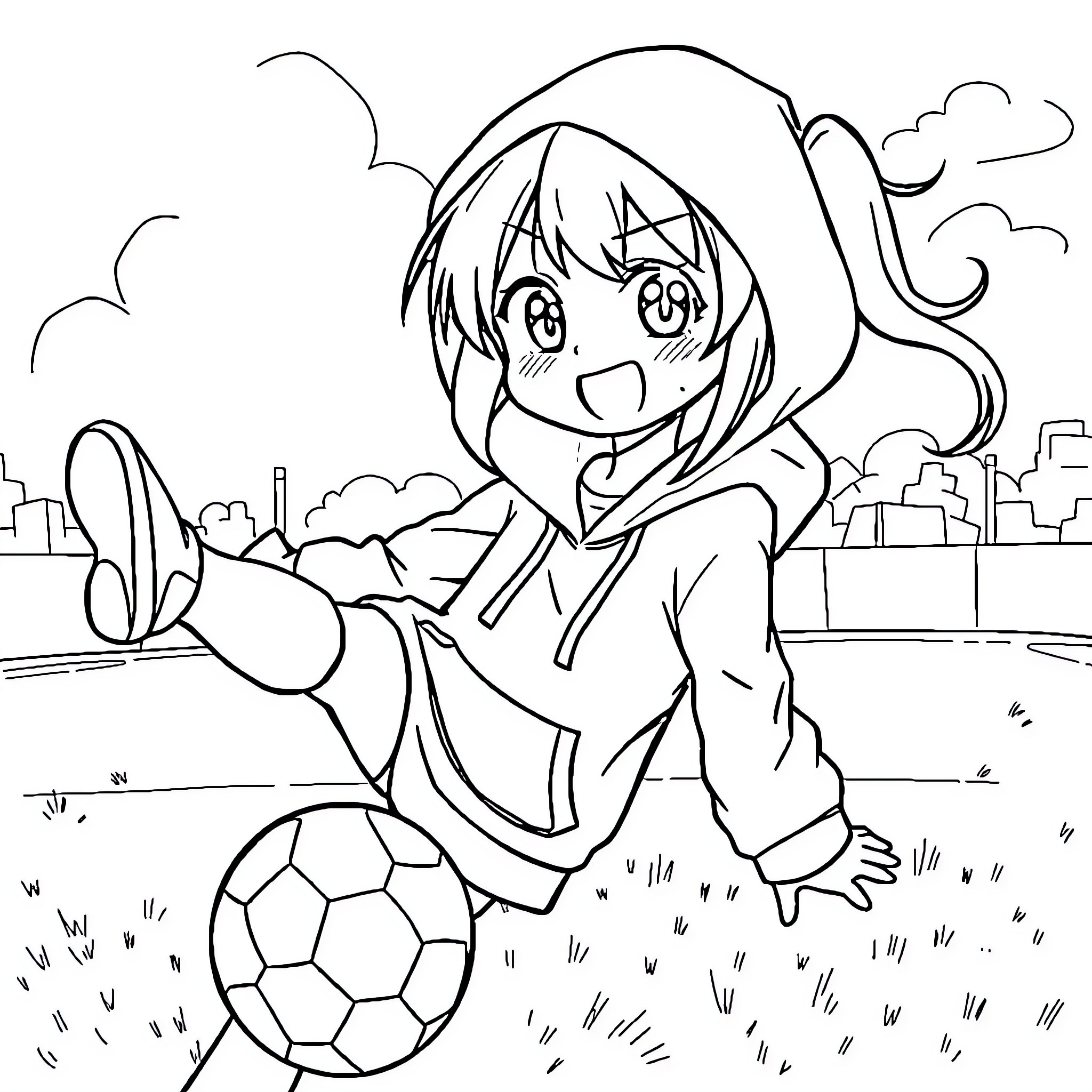 Kuromi playing happily with a soccer ball in the park Coloring Page (free black-and-white line drawing printable PDF for all, from beginners to advanced learners, including children, teens, adults, and seniors)