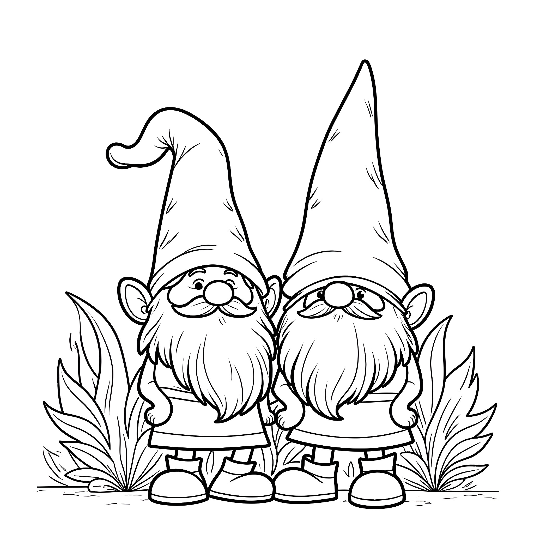 Gnome garden friends in a lush setting Coloring Page (free black-and-white line drawing printable PDF for all, from beginners to advanced learners, including children, teens, adults, and seniors)