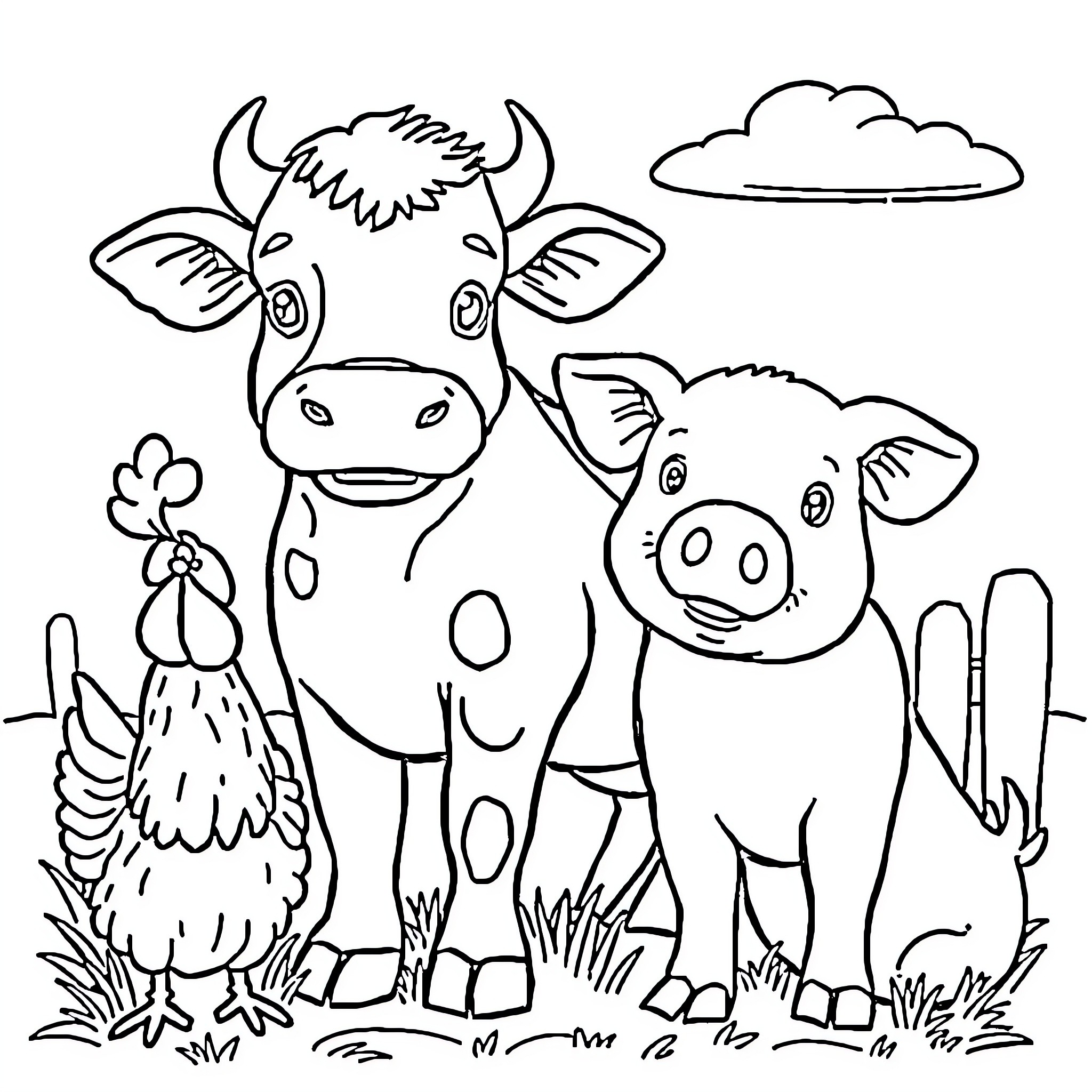 Farm Animals Enjoying the Outdoors Coloring Page (free black-and-white line drawing printable PDF for all, from beginners to advanced learners, including children, teens, adults, and seniors)