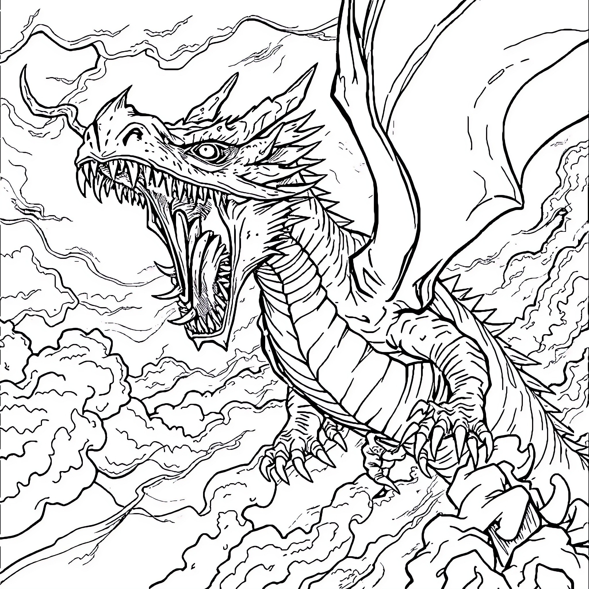 Dragon emerging from clouds with fierce expression Coloring Page (free black-and-white line drawing printable PDF for all, from beginners to advanced learners, including children, teens, adults, and seniors)
