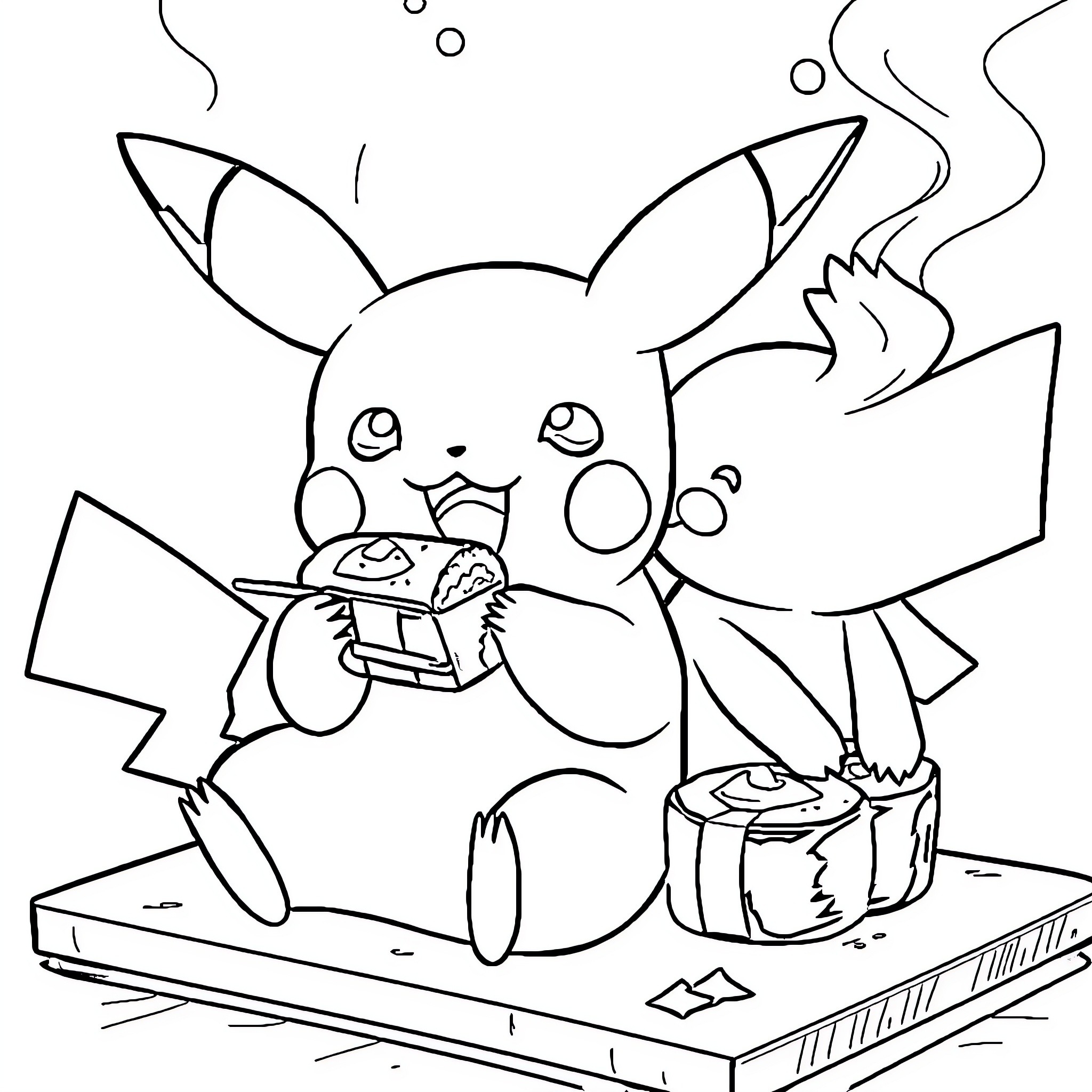 Pikachu playing video games and snacking happily Coloring Page (free black-and-white line drawing printable PDF for all, from beginners to advanced learners, including children, teens, adults, and seniors)