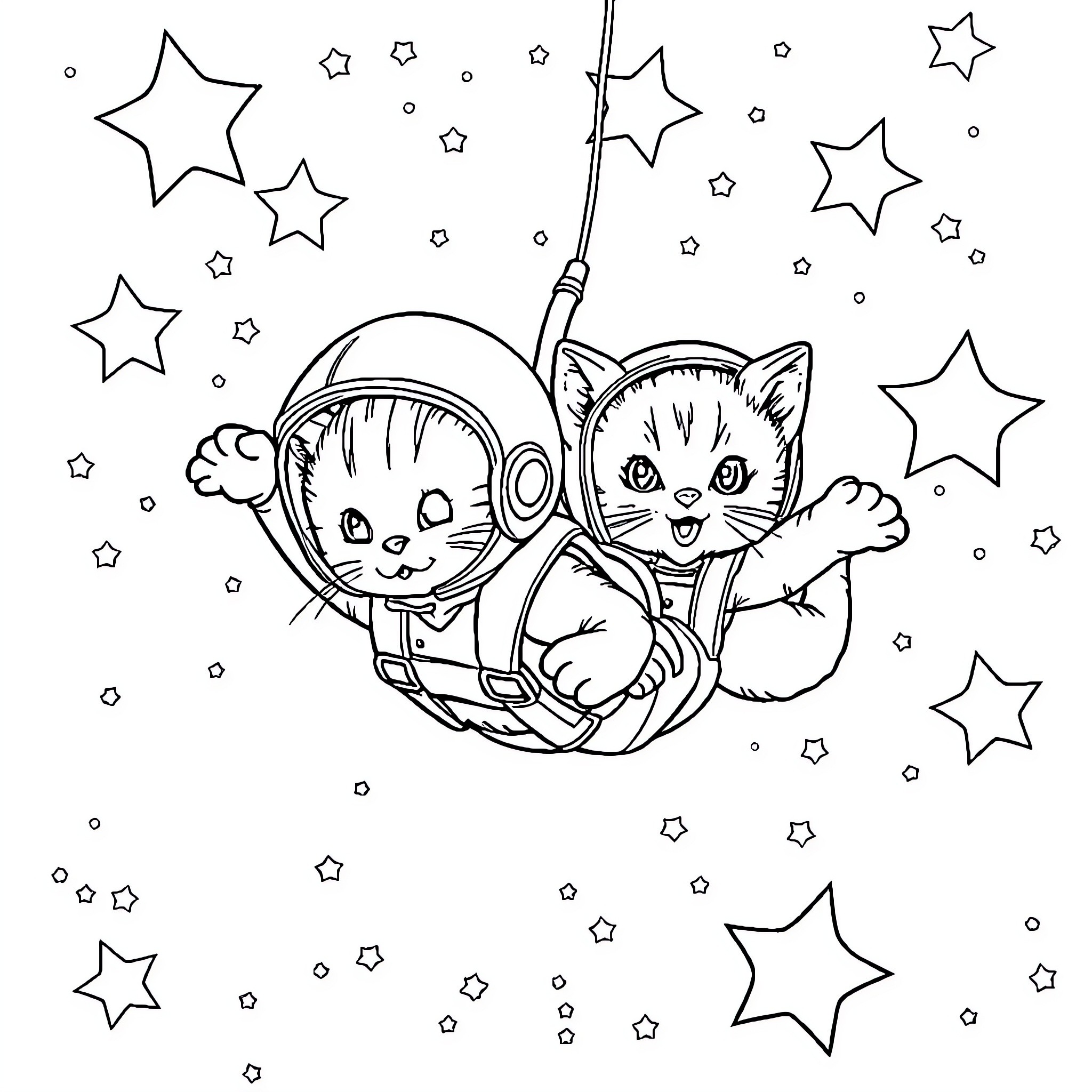 Kittens exploring the starry sky in a space capsule Coloring Page (free black-and-white line drawing printable PDF for all, from beginners to advanced learners, including children, teens, adults, and seniors)