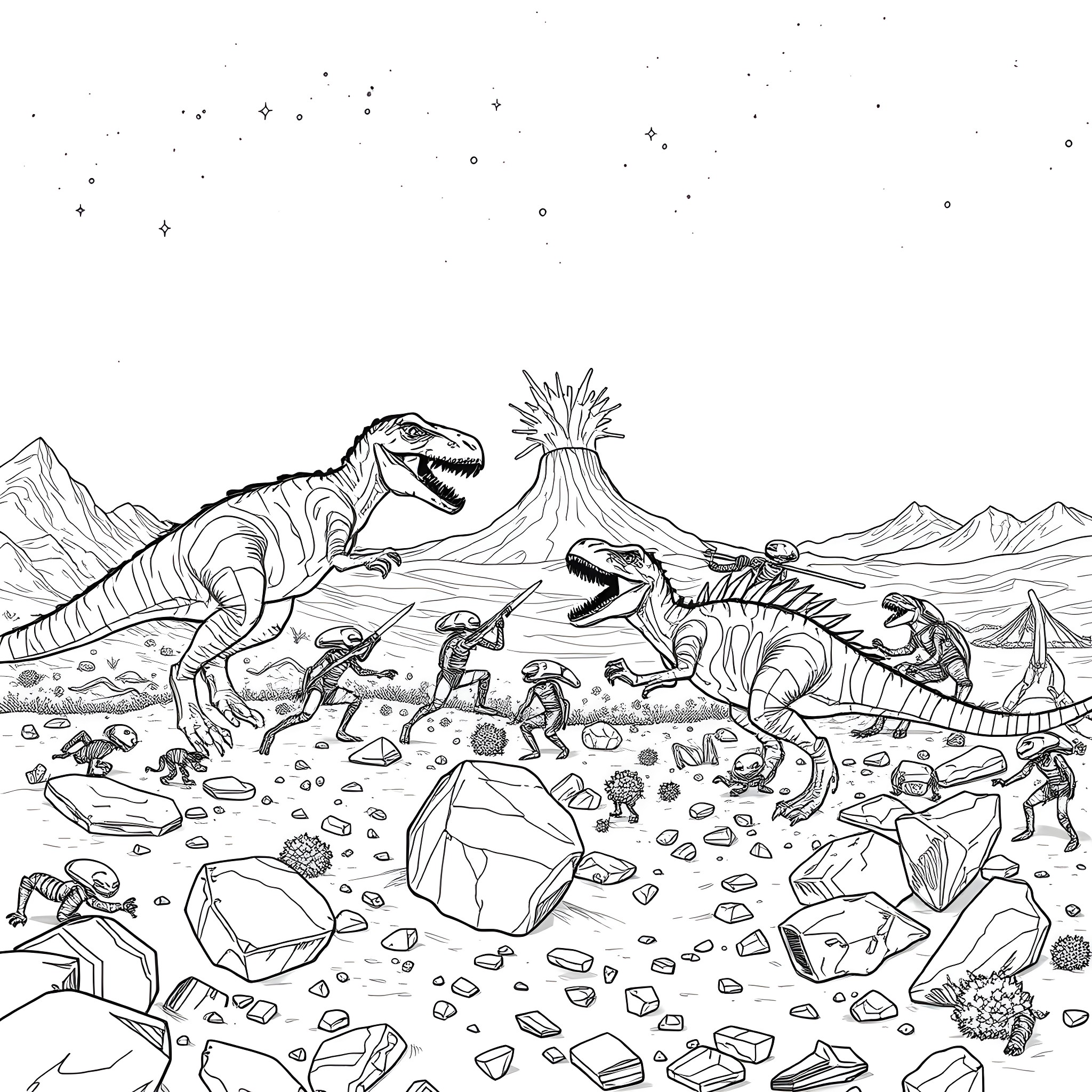 Dinosaurs in a prehistoric landscape Coloring Page (free black-and-white line drawing printable PDF for all, from beginners to advanced learners, including children, teens, adults, and seniors)