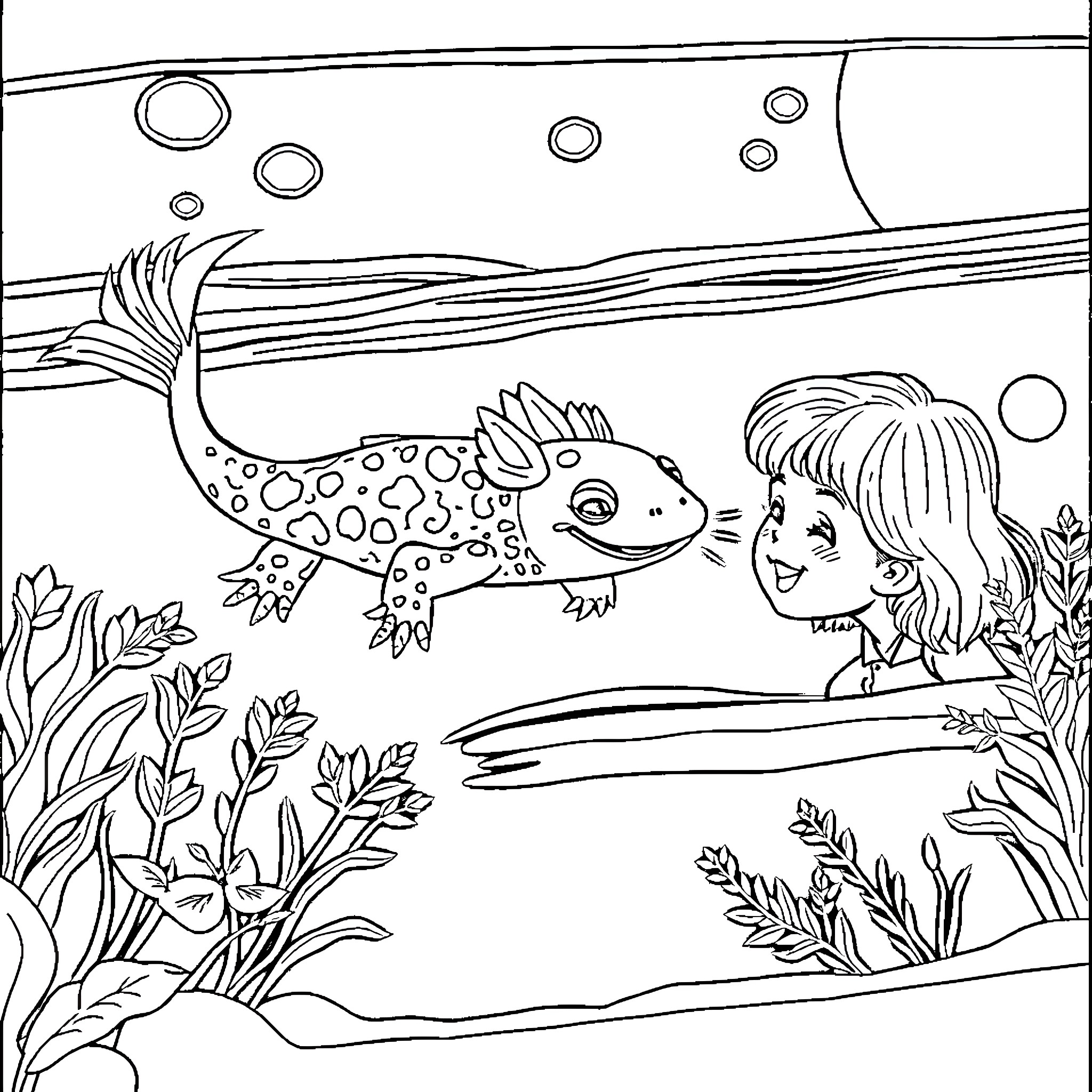 Axolotl exploring the underwater world with a child Coloring Page (free black-and-white line drawing printable PDF for all, from beginners to advanced learners, including children, teens, adults, and seniors)