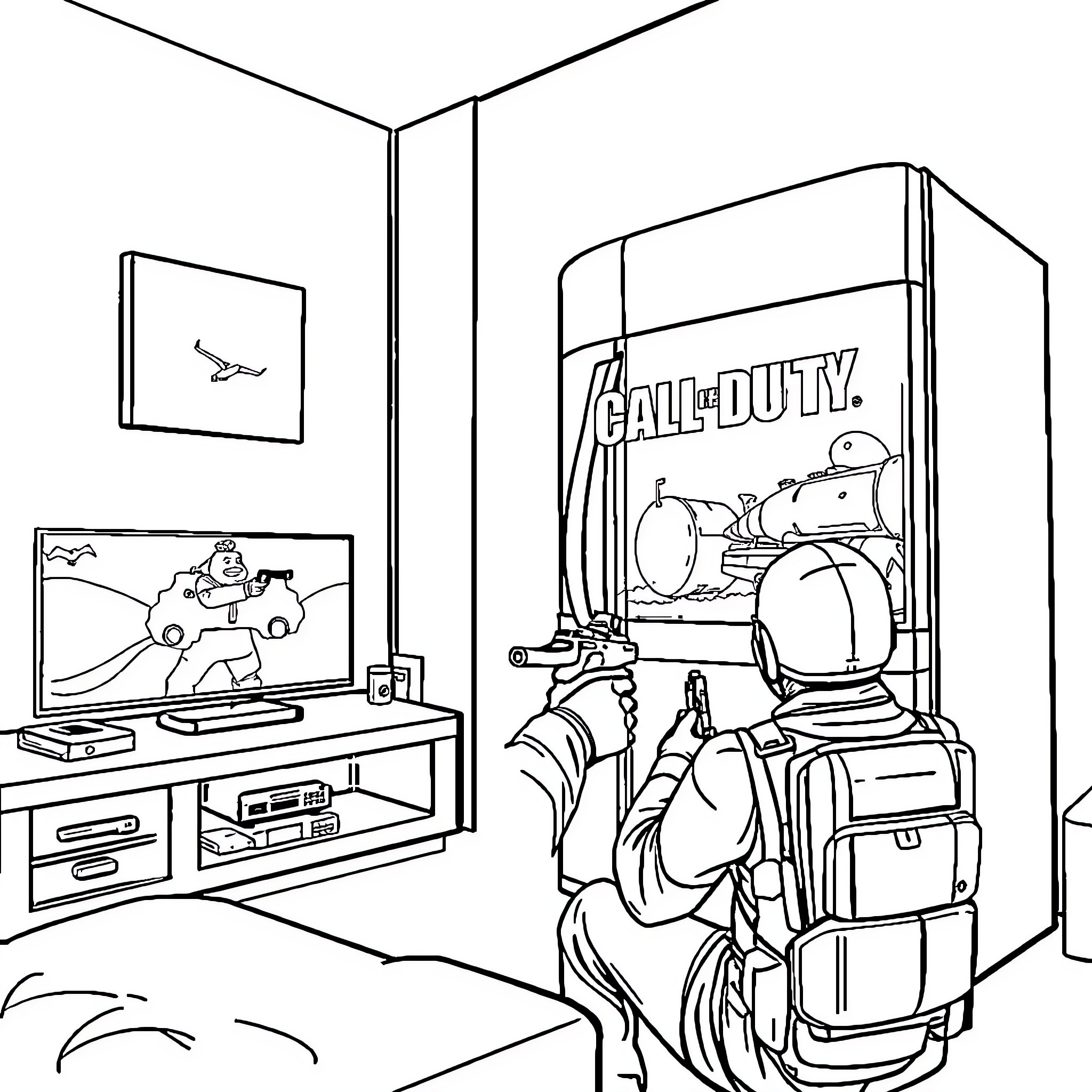 Call of Duty: Gamer's Immersive Gaming Setup Coloring Page (free black-and-white line drawing printable PDF for all, from beginners to advanced learners, including children, teens, adults, and seniors)