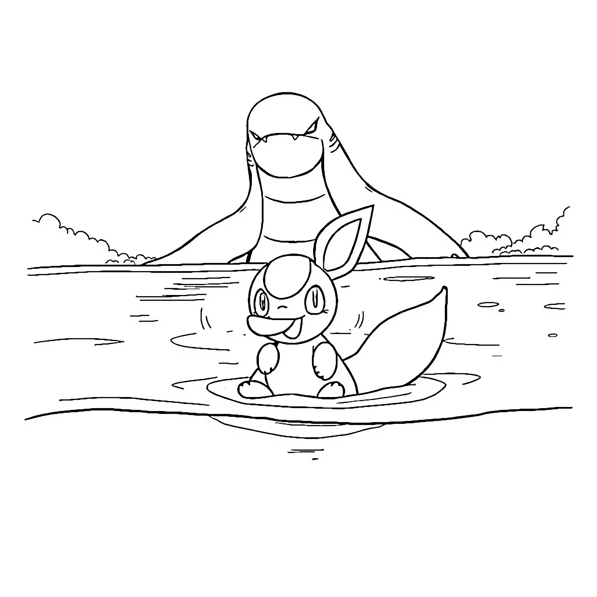 Espeon and Eevee playing in the water Coloring Page (free black-and-white line drawing printable PDF for all, from beginners to advanced learners, including children, teens, adults, and seniors)