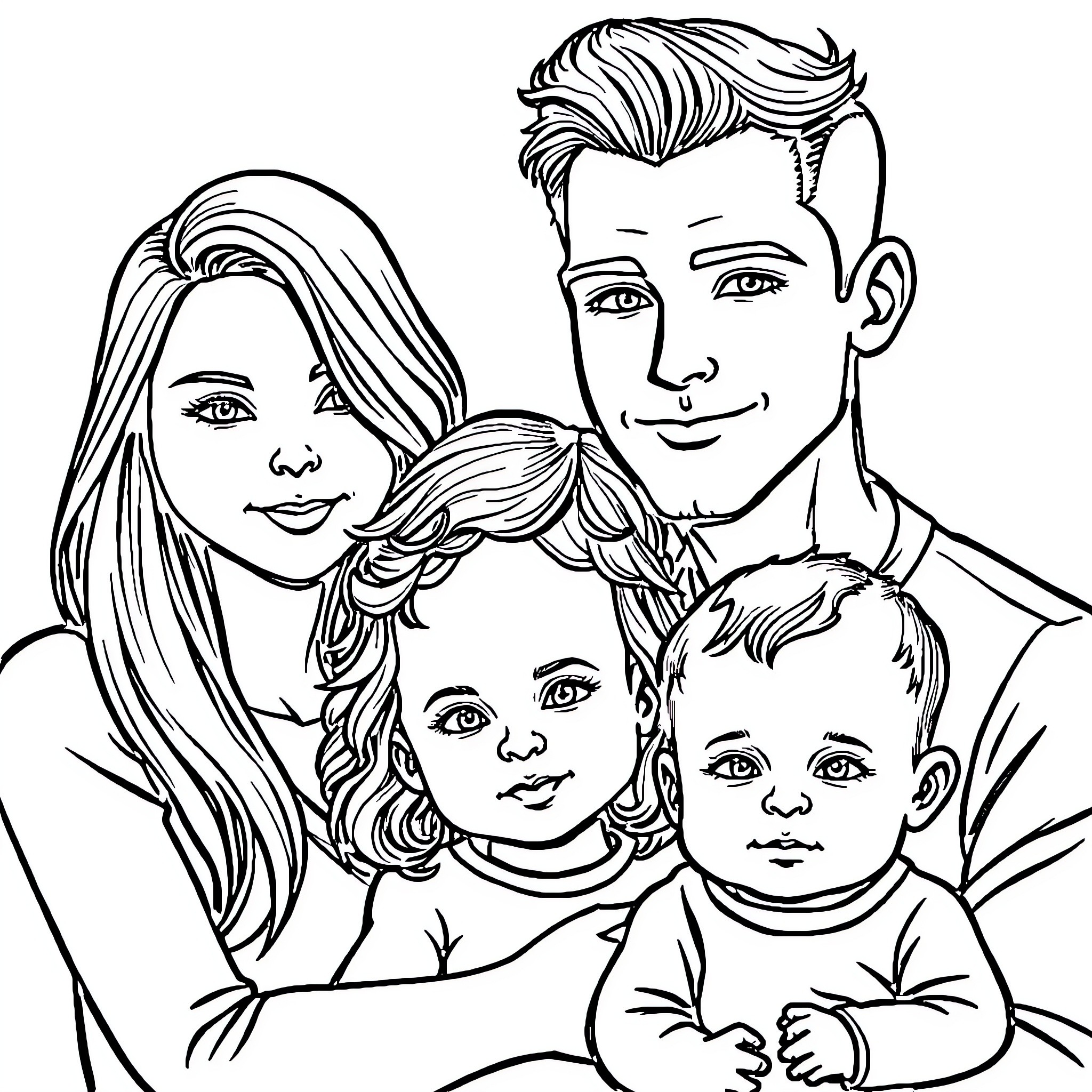 Femme Family of Four Embracing Affectionately Coloring Page (free black-and-white line drawing printable PDF for all, from beginners to advanced learners, including children, teens, adults, and seniors)