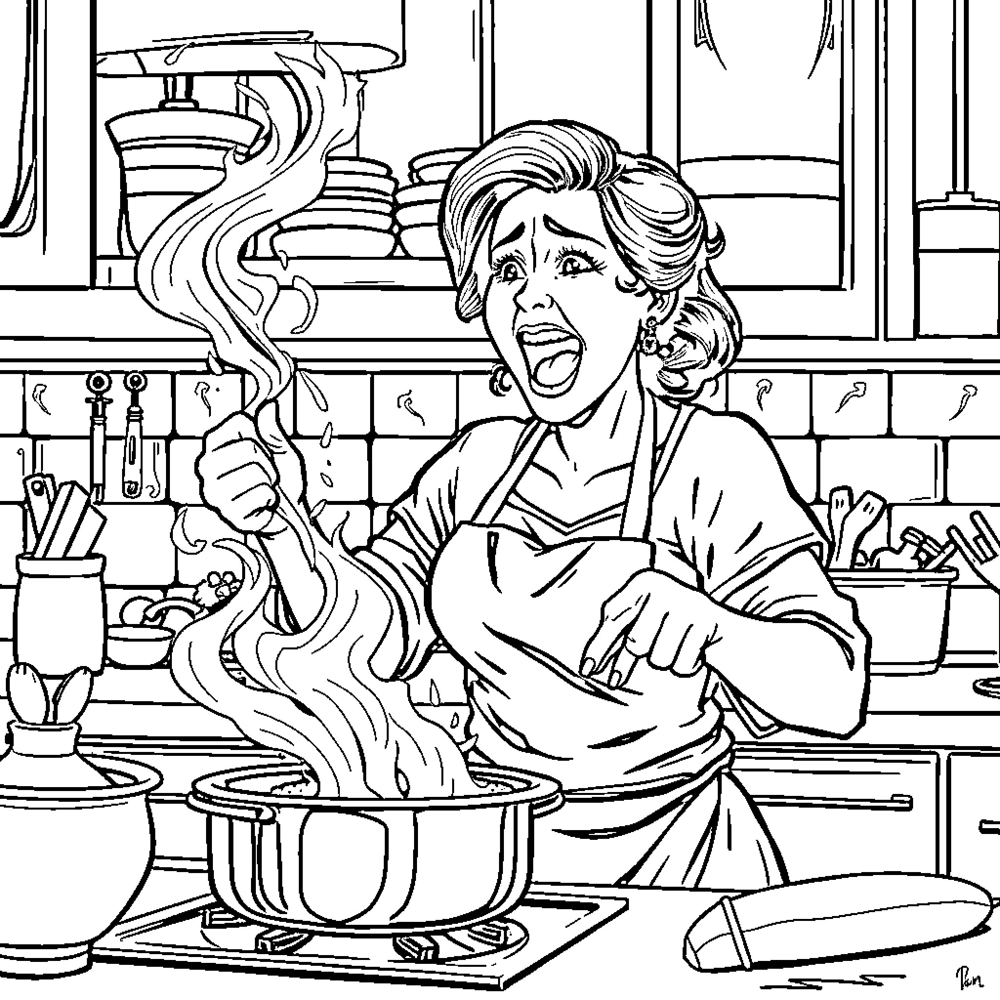 Woman cooking passionately in the kitchen Coloring Page (free black-and-white line drawing printable PDF for all, from beginners to advanced learners, including children, teens, adults, and seniors)