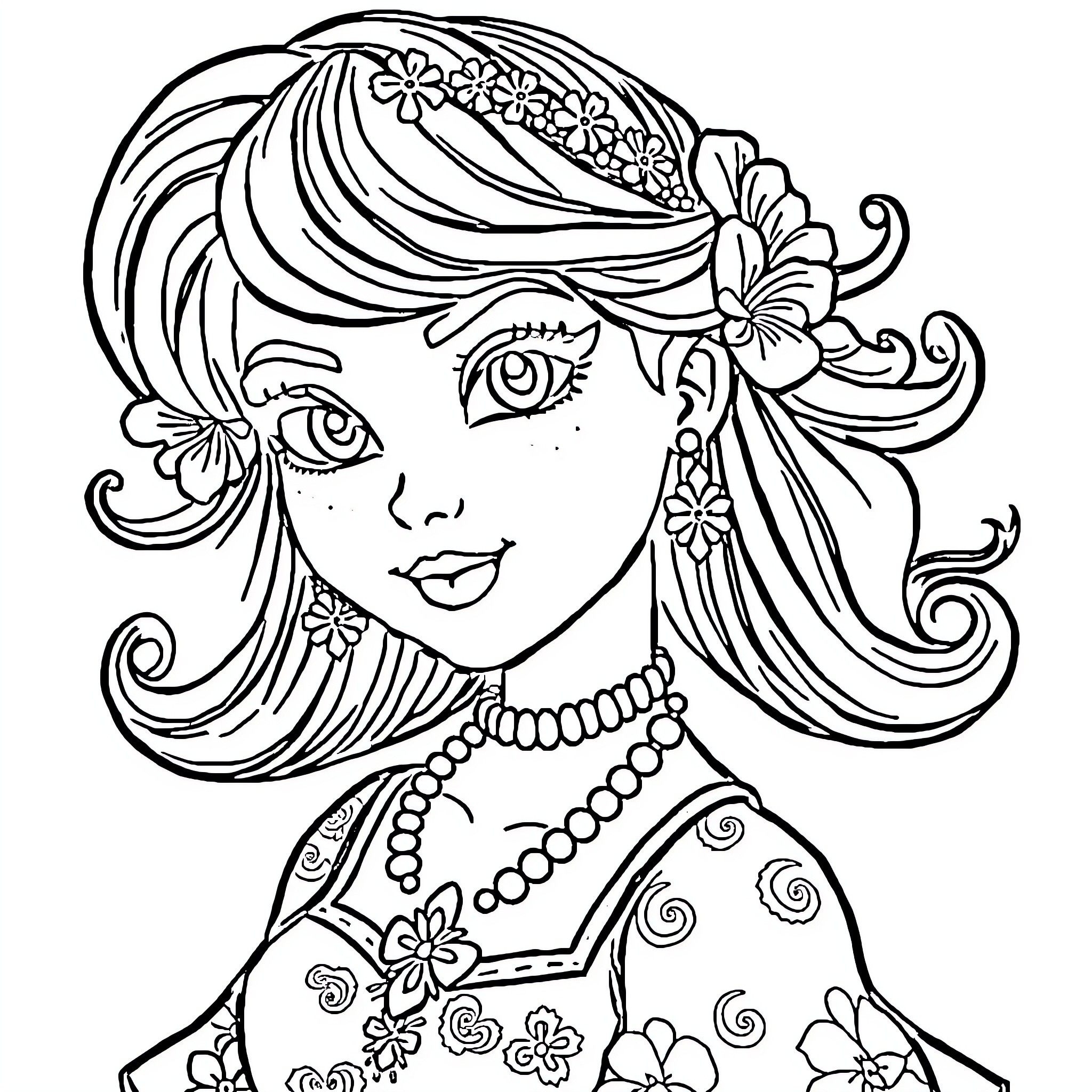 Cenicienta's Floral Elegance Coloring Page (free black-and-white line drawing printable PDF for all, from beginners to advanced learners, including children, teens, adults, and seniors)