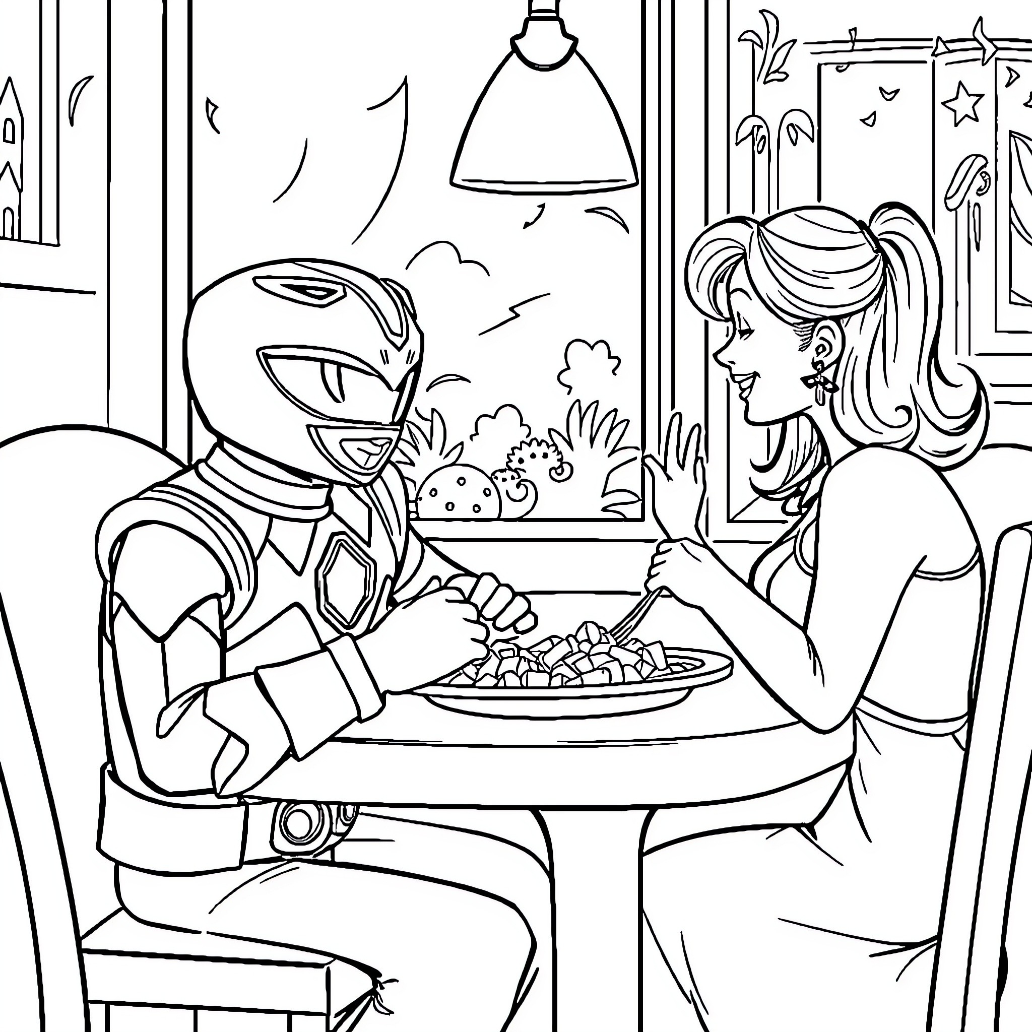 Power Ranger Enjoys Meal with Companion Coloring Page (free black-and-white line drawing printable PDF for all, from beginners to advanced learners, including children, teens, adults, and seniors)