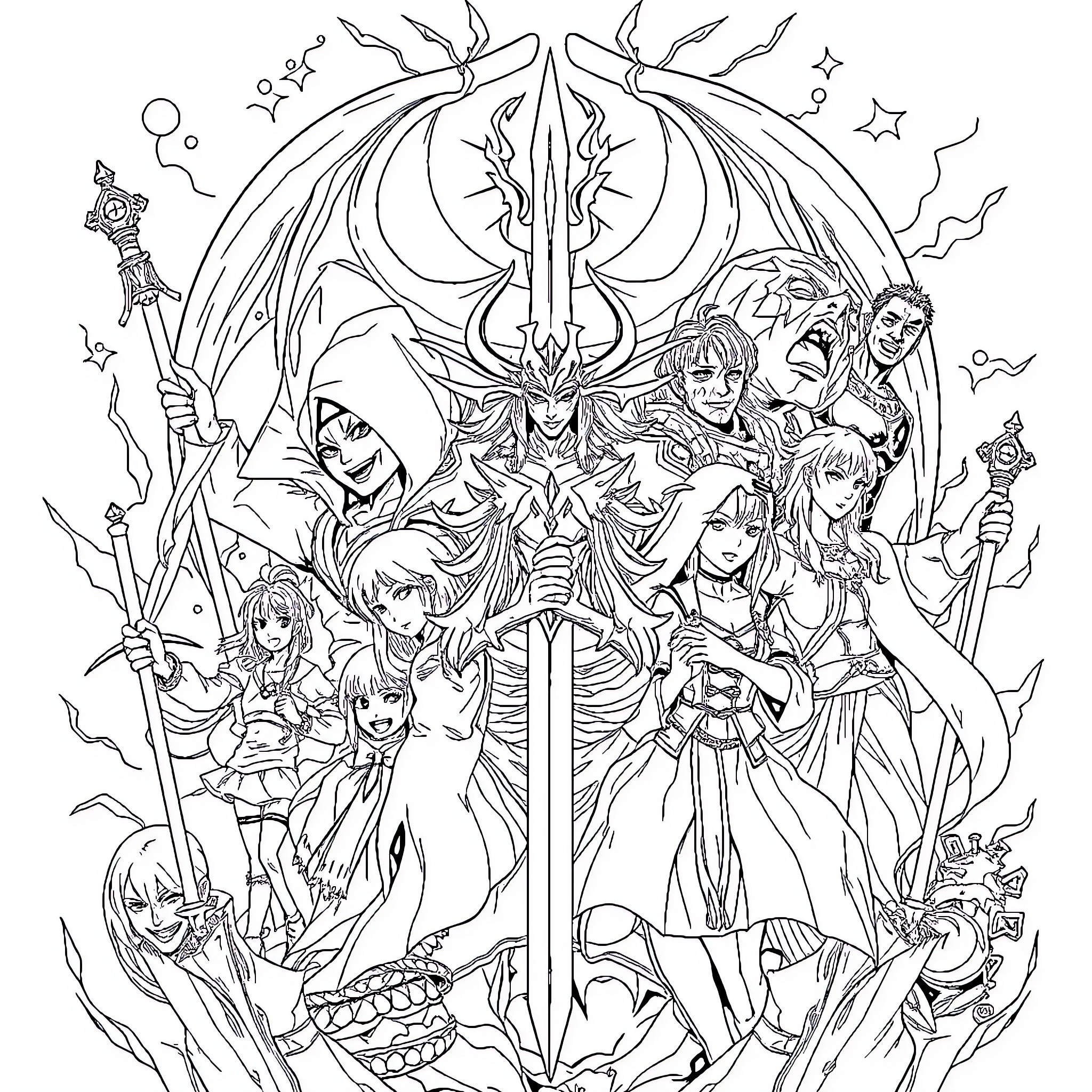 Deadly Sin: Mythical Clash of Fantasy Characters Coloring Page (free black-and-white line drawing printable PDF for all, from beginners to advanced learners, including children, teens, adults, and seniors)
