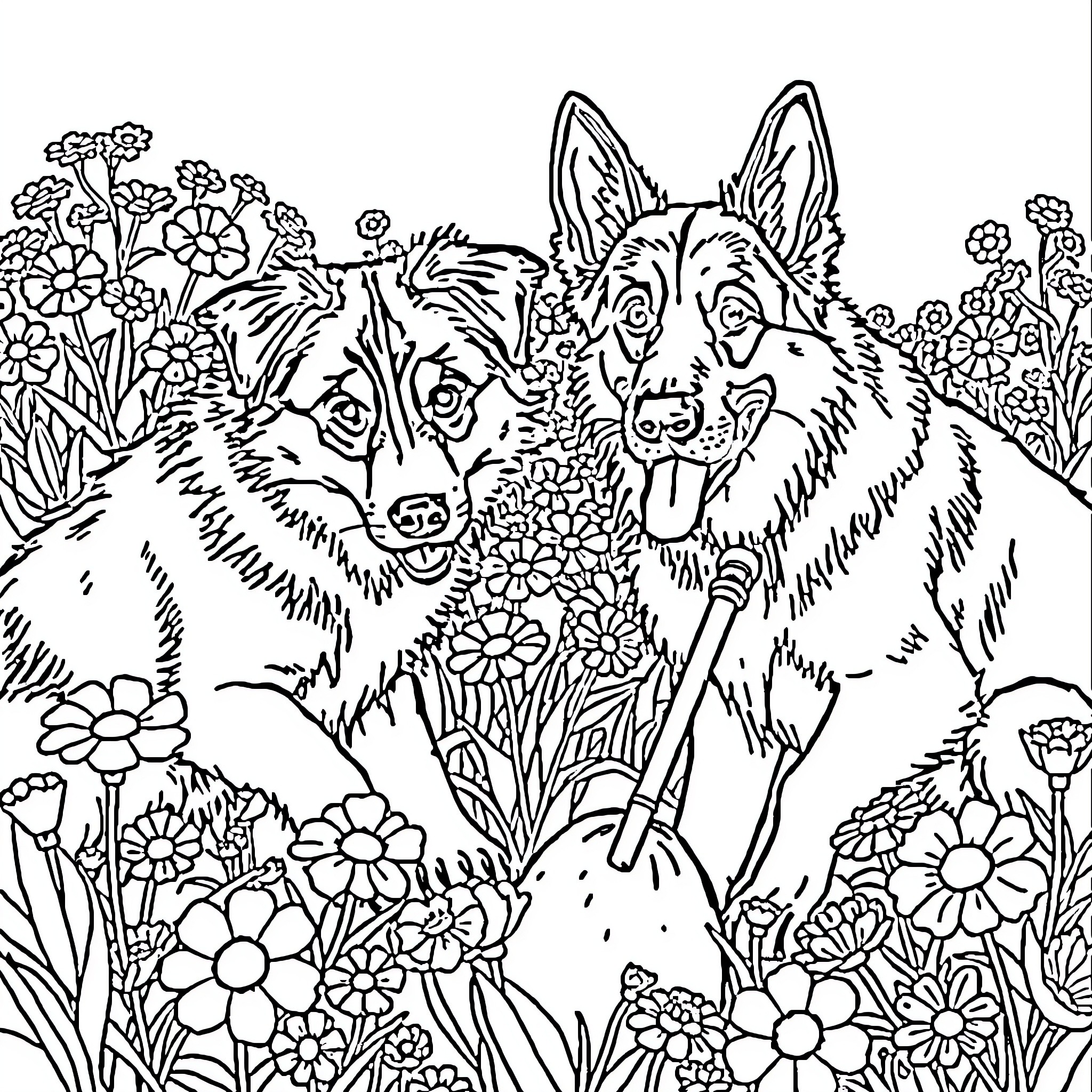 Shepherd dogs guarding a flower-filled meadow Coloring Page (free black-and-white line drawing printable PDF for all, from beginners to advanced learners, including children, teens, adults, and seniors)