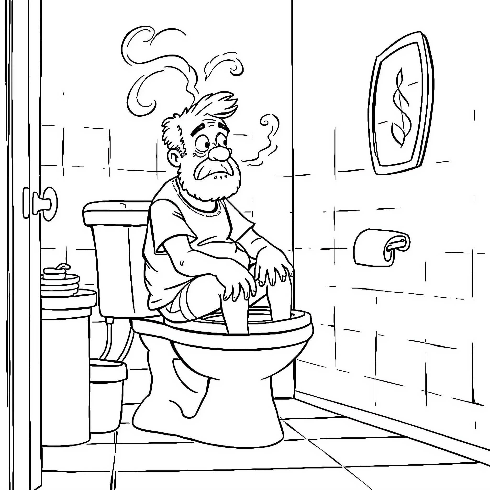 Dad struggles with plumbing issues in the bathroom Coloring Page (free black-and-white line drawing printable PDF for all, from beginners to advanced learners, including children, teens, adults, and seniors)