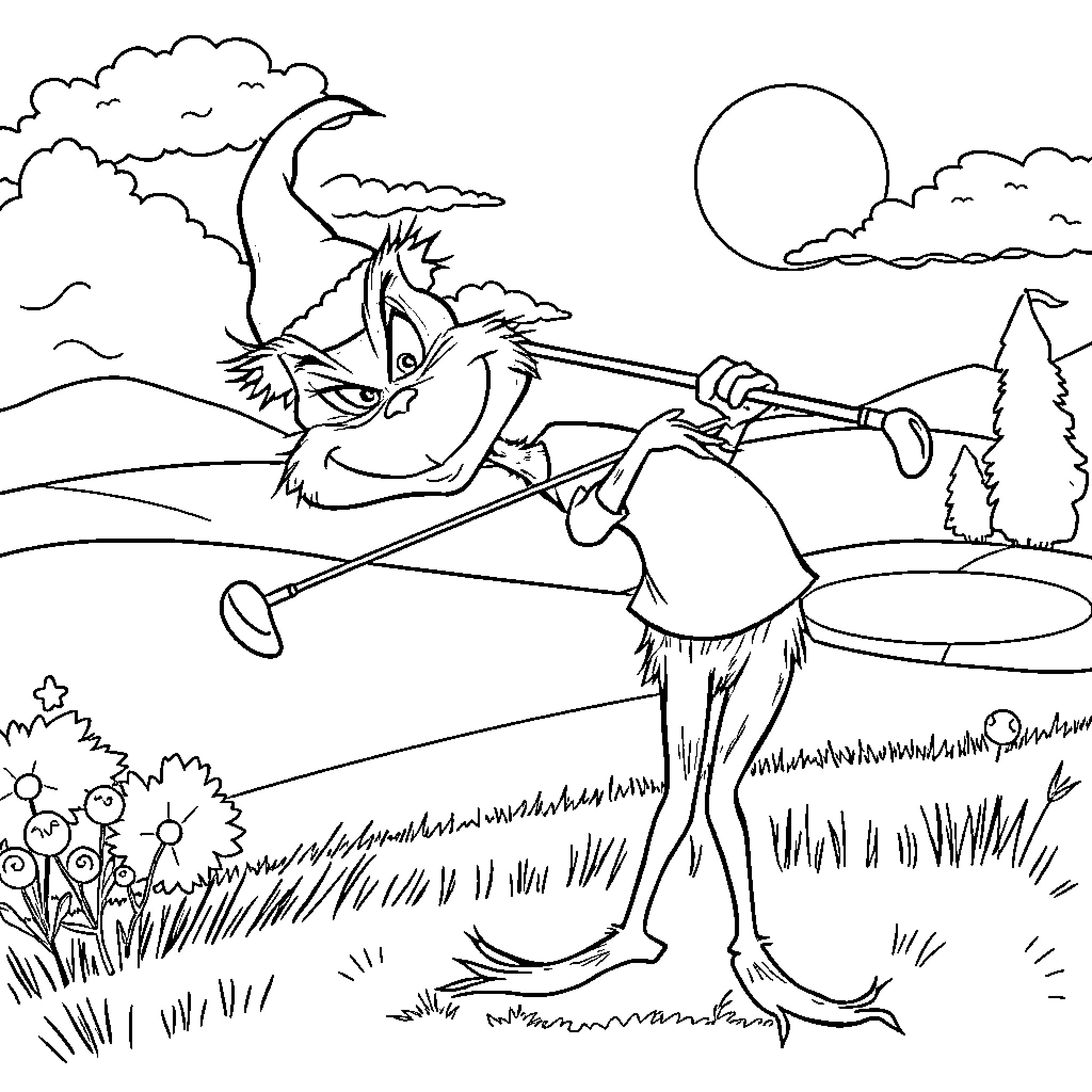 Grinch enjoying a peaceful day outdoors Coloring Page (free black-and-white line drawing printable PDF for all, from beginners to advanced learners, including children, teens, adults, and seniors)