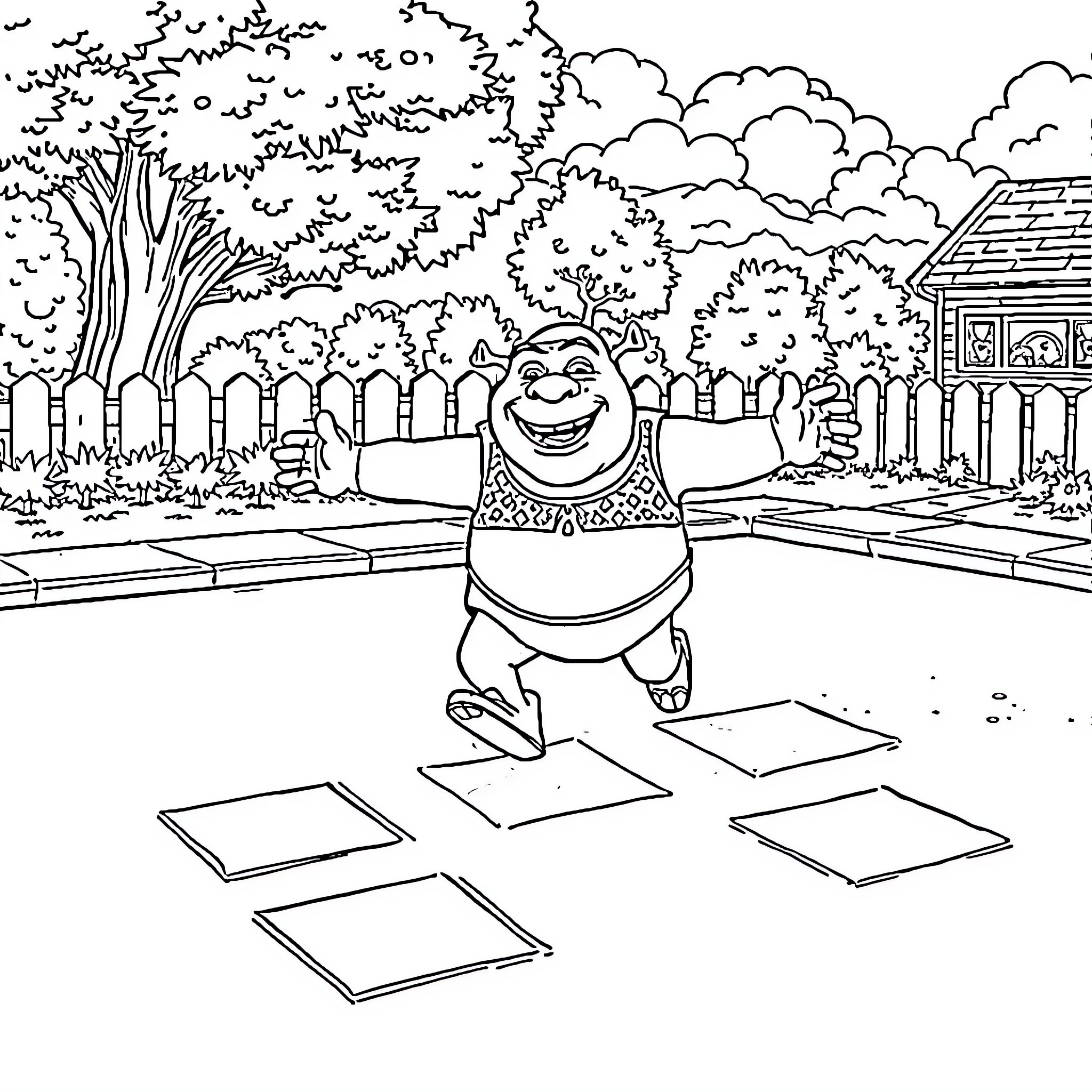 Shrek's Outdoor Adventure through the Neighborhood Coloring Page (free black-and-white line drawing printable PDF for all, from beginners to advanced learners, including children, teens, adults, and seniors)