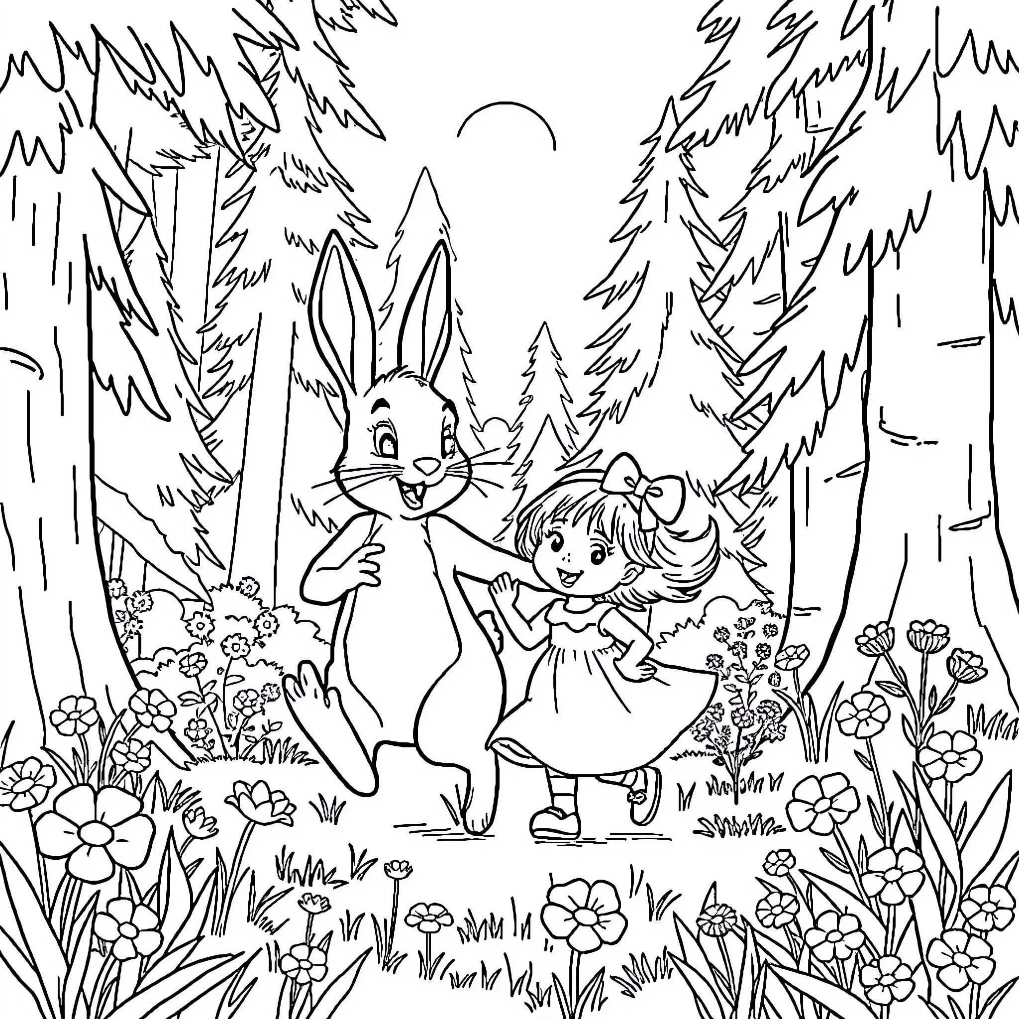 Peter Rabbit and Girl Exploring the Forest Coloring Page (free black-and-white line drawing printable PDF for all, from beginners to advanced learners, including children, teens, adults, and seniors)